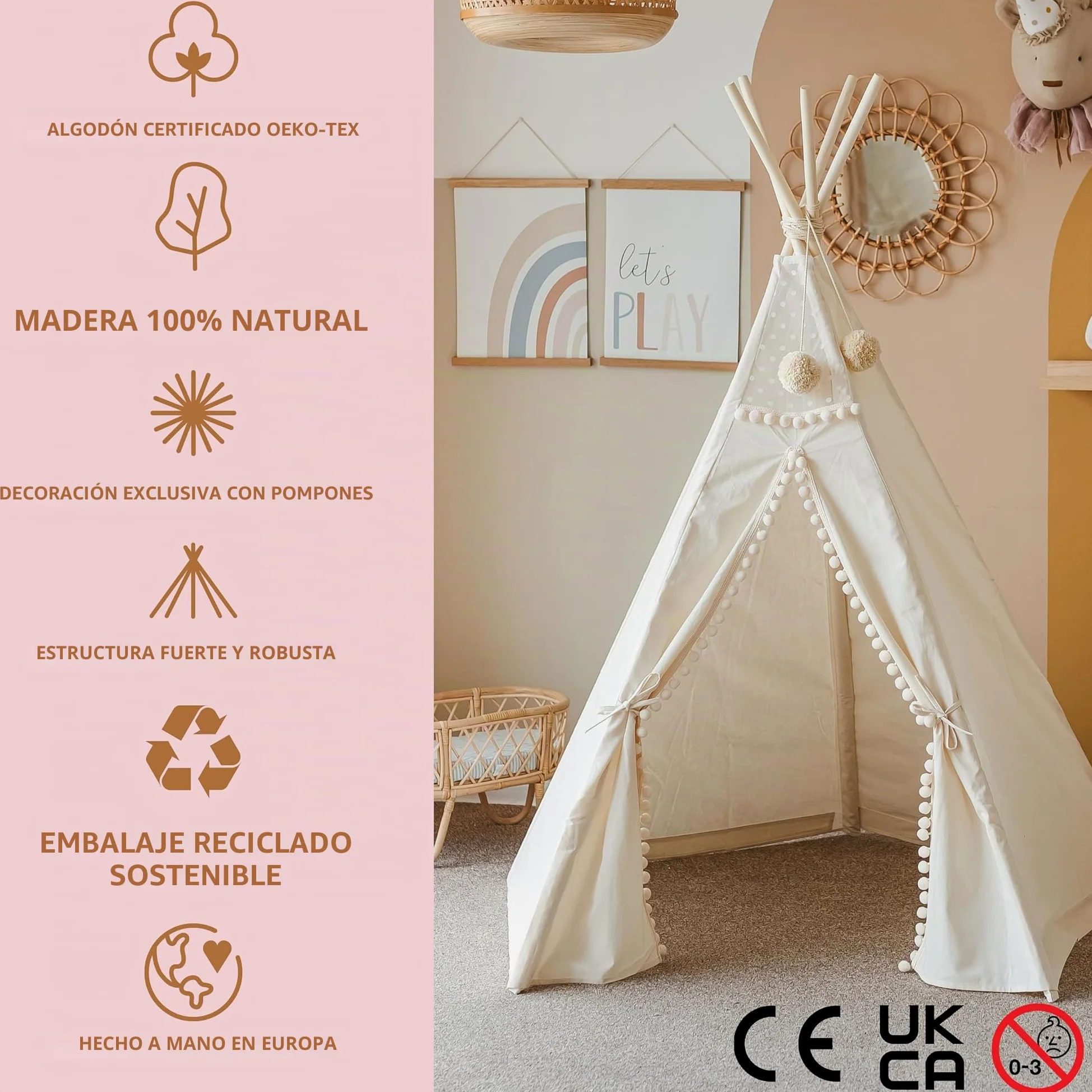 MINICAMP Teepee Original para Niños, Tienda de Campaña de Lona Natural de Algodón con Madera Hecha a Mano, Tienda de Juego Interior para Dormir para Niñas y Niños con Pompones