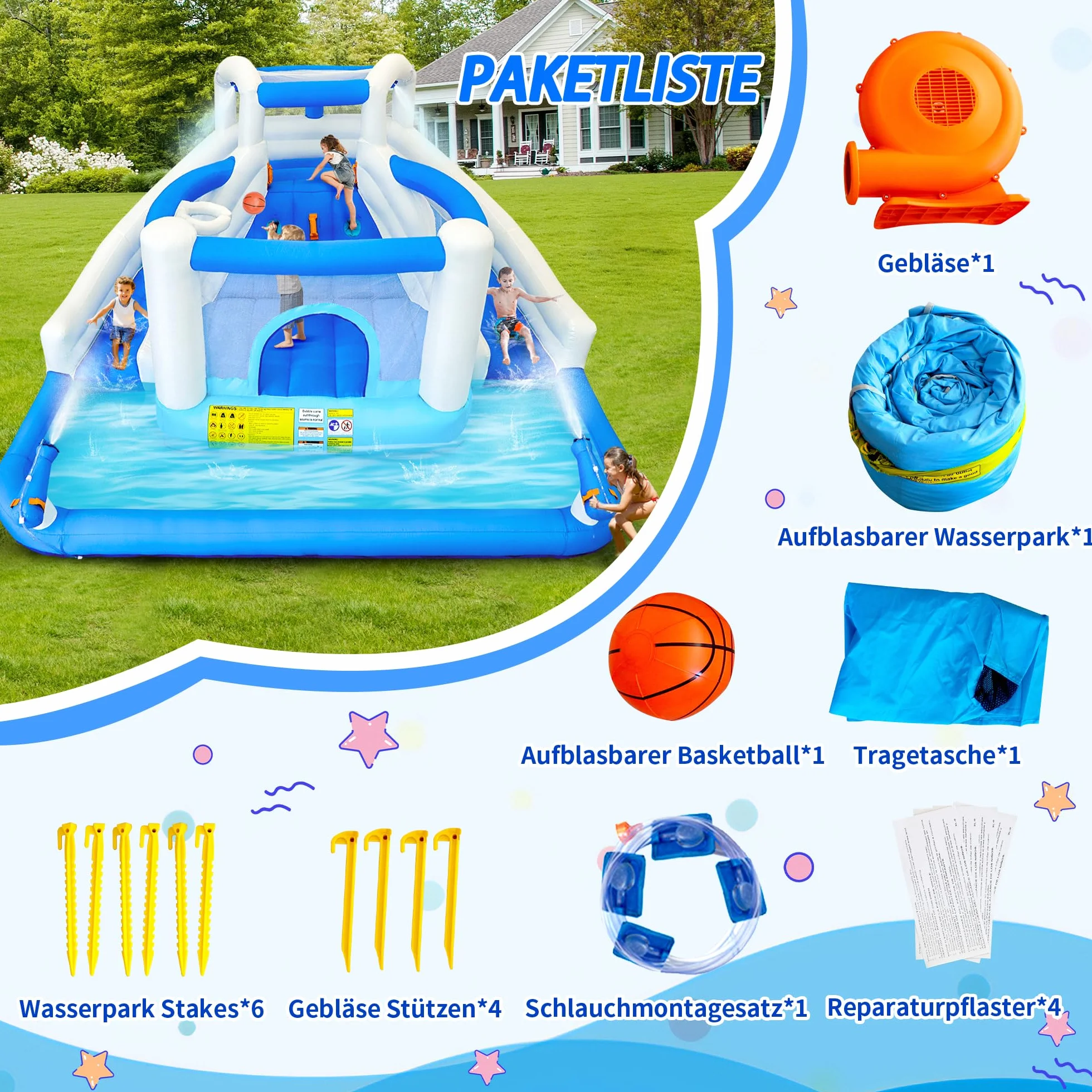 Castillo hinchable con tobogán acuático, trampolín, canasta de baloncesto y 2 pistolas de agua, castillo hinchable para niños, adecuado para jardín y fiesta