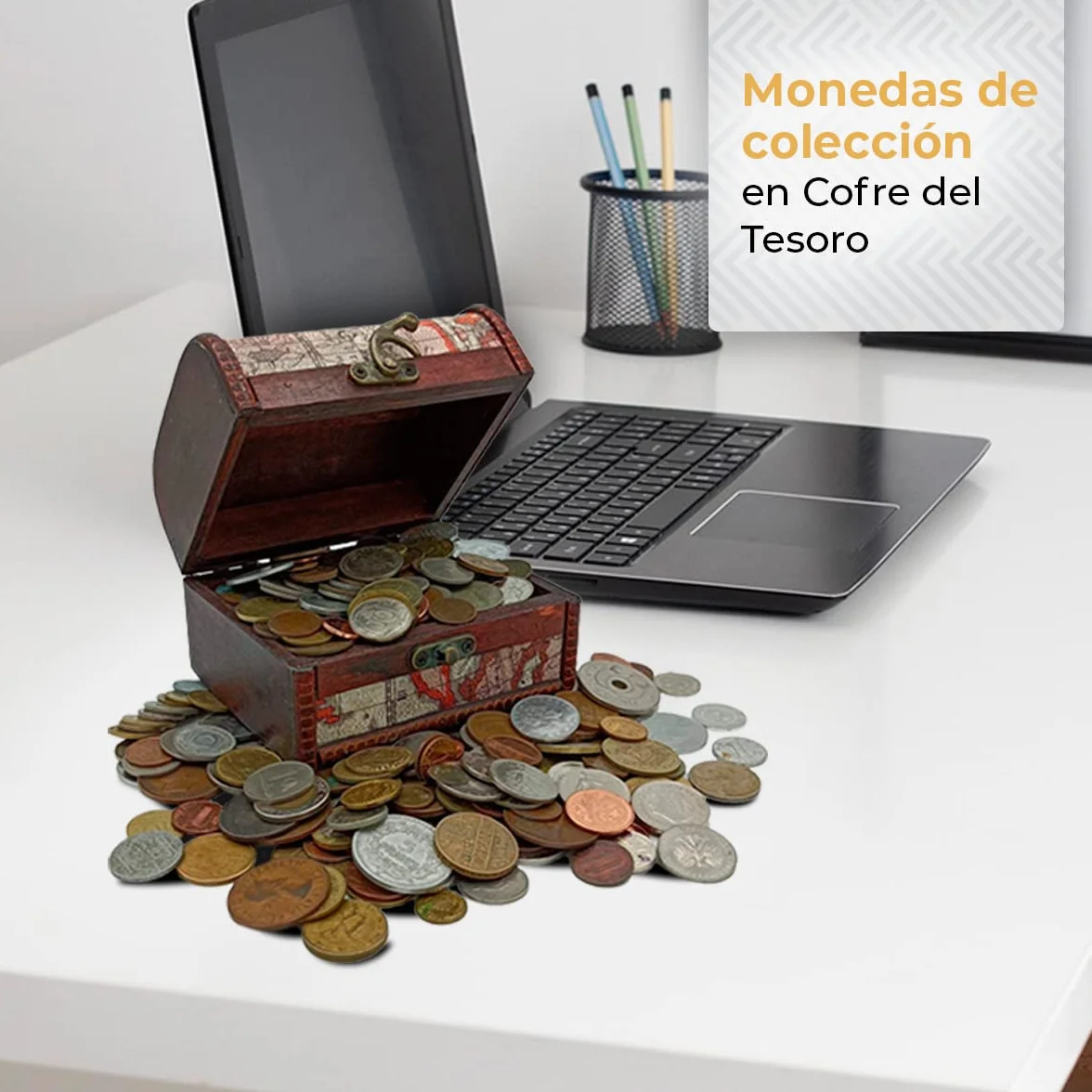 IMPACTO COLECCIONABLES | 1 kg de Monedas del Mundo Auténticas en Cofre de Madera – Gran Variedad de Monedas Antiguas para Ampliar tu Colección – Incluye Certificado de Autenticidad