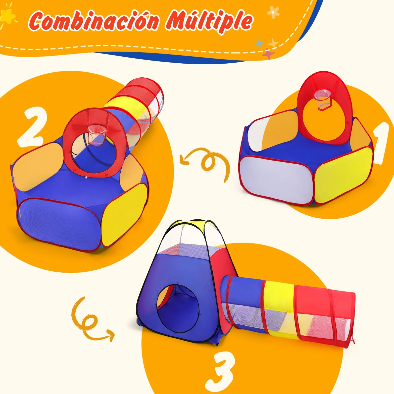 Tienda Campaña Infantil + Piscina de Bolas + Túnel Plegable 3 en 1 Pop Up, Opret Parque de Bolas Exterior o Interior, Juego de Regalo para Niños (No Incluye Las Bolas)