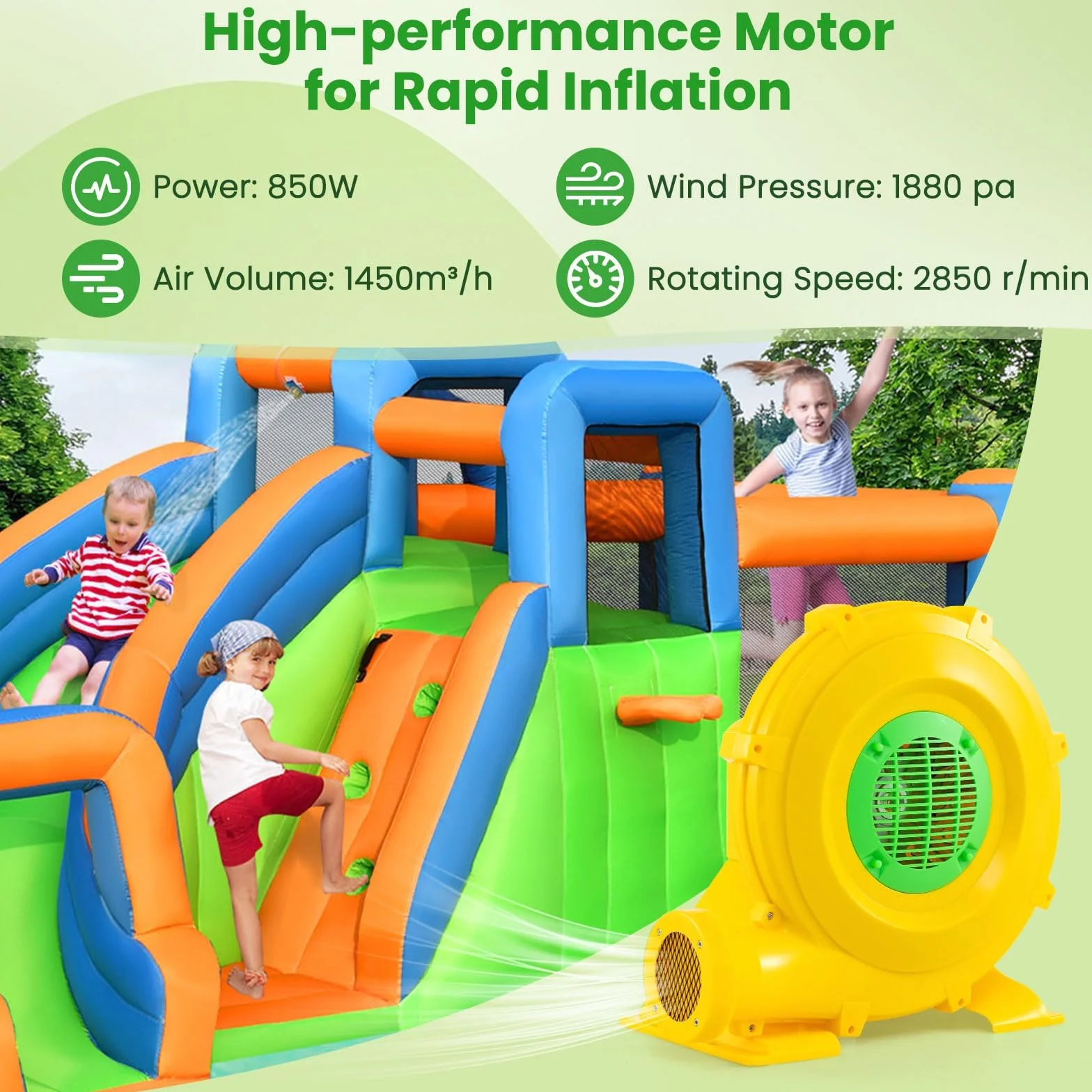 FANTASK Bomba de Ventilador para Castillo Hinchable, 850 W, para Juguetes inflables, soplador con Mango y Anclaje al Suelo