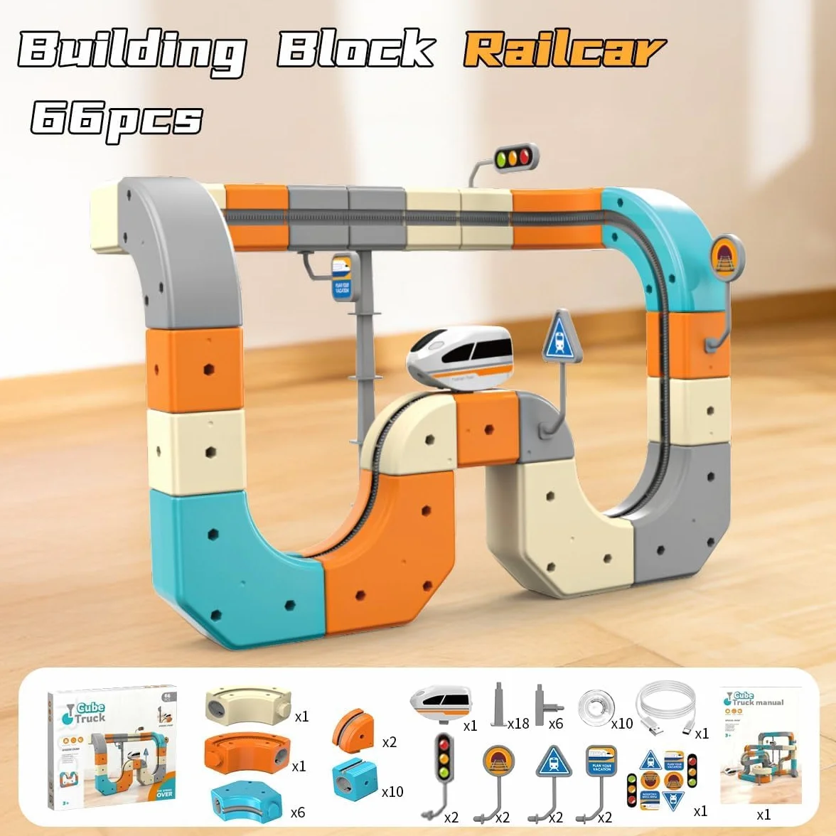 Clickrail Electric Train Set Flexible Race Track – Cube Track Block Tren con diseños 3D que desafían la gravedad, bloques de raíl de engranajes y tren motorizado, juguetes de regalo para niños 66/83