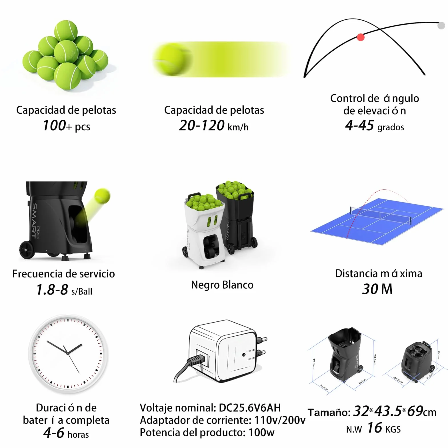 PUSUN PT-Smart Pro Máquina Lanzapelotas de Tenis Profesional Control App Remoto 12 Modos Entrenamiento 4-6 Horas Batería