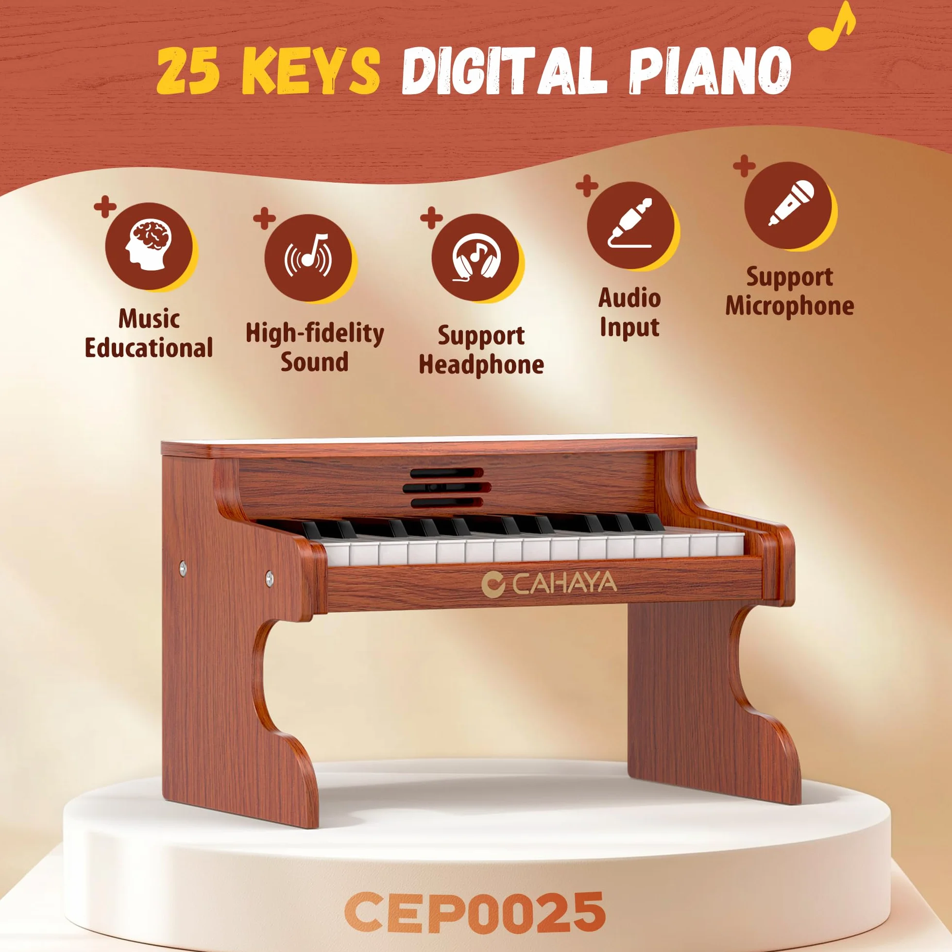 CAHAYA Piano Infantil de 25 Teclas - Piano Eléctrico para Niños de Madera con Partituras de Pianos y Pegatinas Indicadoras de Notas El Regalo Ideal para Jóvenes Músicos