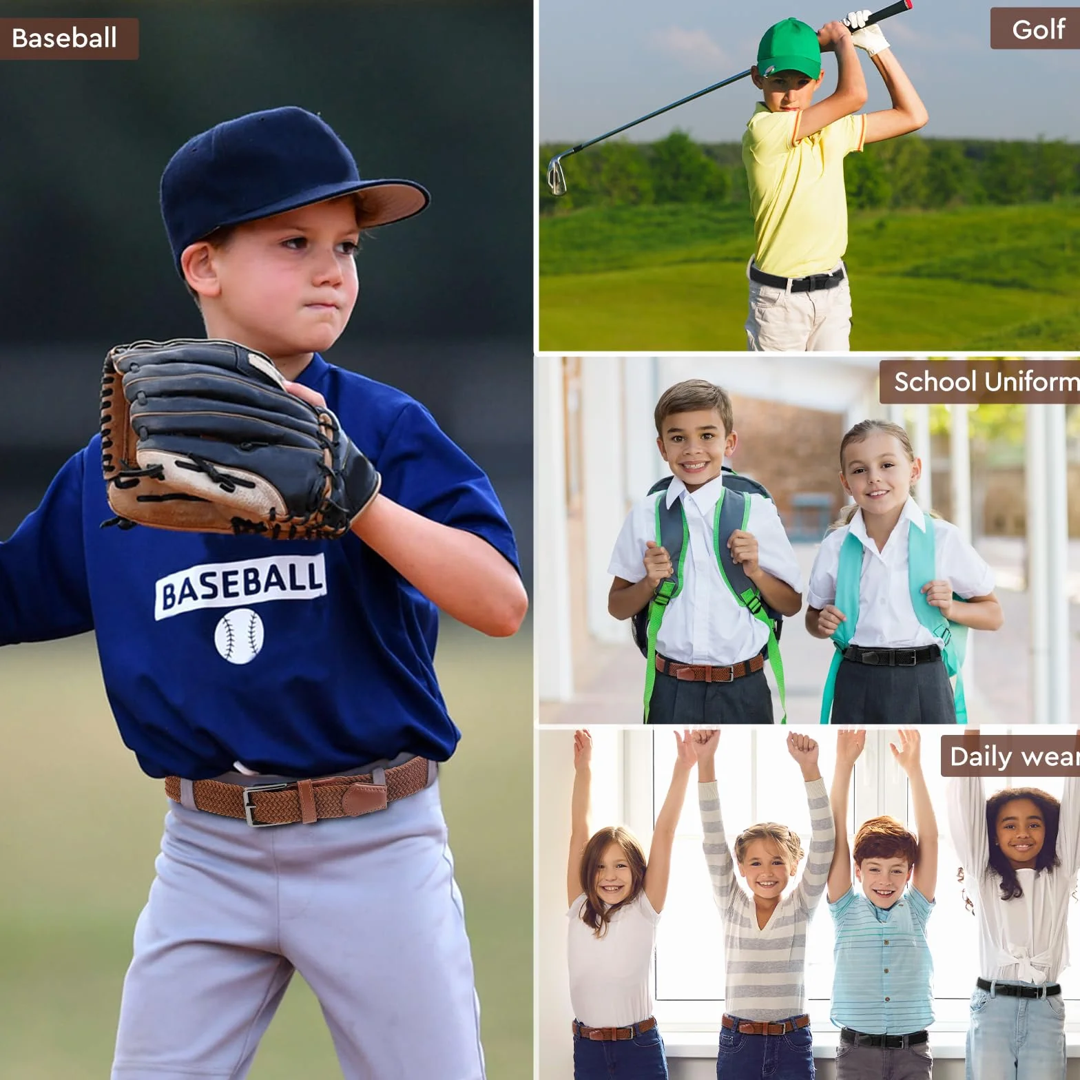 Cinturón elástico trenzado infantil 1" para golf y béisbol juvenil