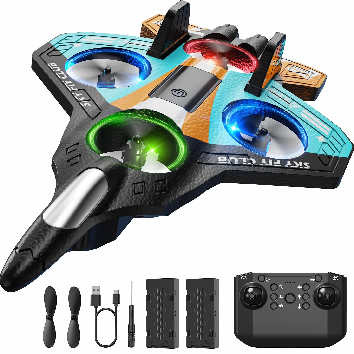 DEERC Avión de espuma RC para niños, avión teledirigido con altitud, volteos 3D y luces LED, 2 baterías, avión teledirigido para principiantes para niños y niñas (azul y naranja)