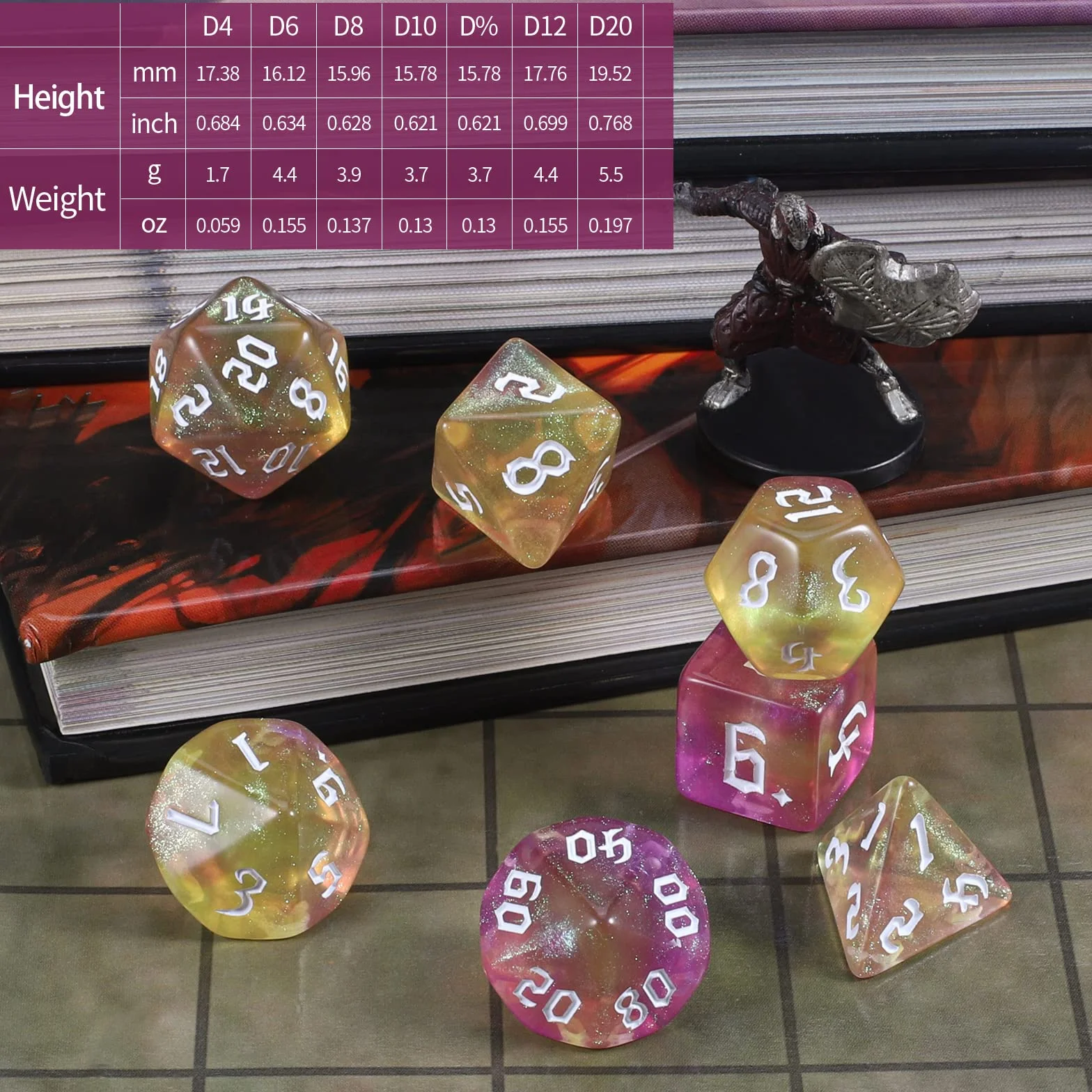 QMAY Juego de dados DND Dados Poliédricos - 7 piezas para Dungeon y Dragons MTG RPG D&D D20, D12, D10, D%, D8, D6, D4 (amarillo mezclado con púrpura + brillo)