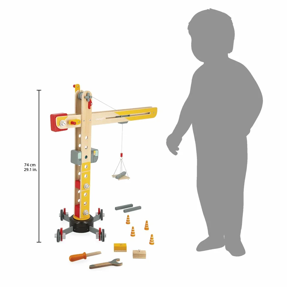Janod - Grúa Grande de Madera 74 cm - Juguete de Imitación - Juego de Construcción - Rotación 360° y Móvil - 12 Accesorios - Certificado FSC - A Partir de 3 Años, J06468