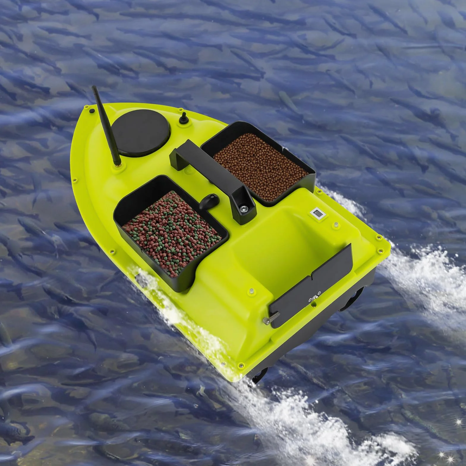 Barco de pesca con GPS, 99 posiciones, motor dual de 52 W, batería de 90 min, alcance de 600 m, mando a distancia LCD, incluye bolsa de transporte