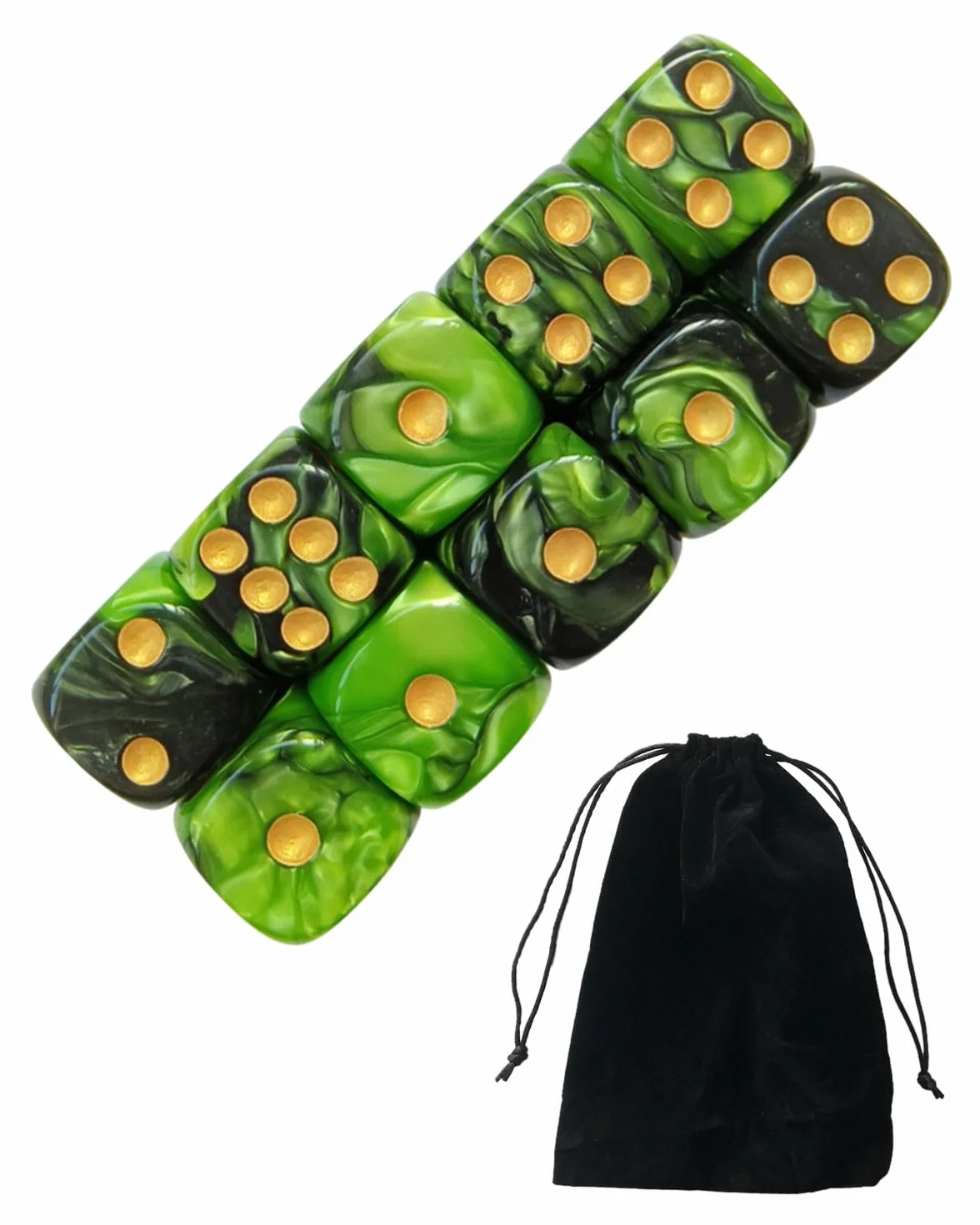 10 PCS Dados,16mm D6 Dado Acrílicos,Dados Verde-Negro con Bolsa de Tela,para Juegos de Mesa,Rol,Mesa,Lecciones de Matemáticas