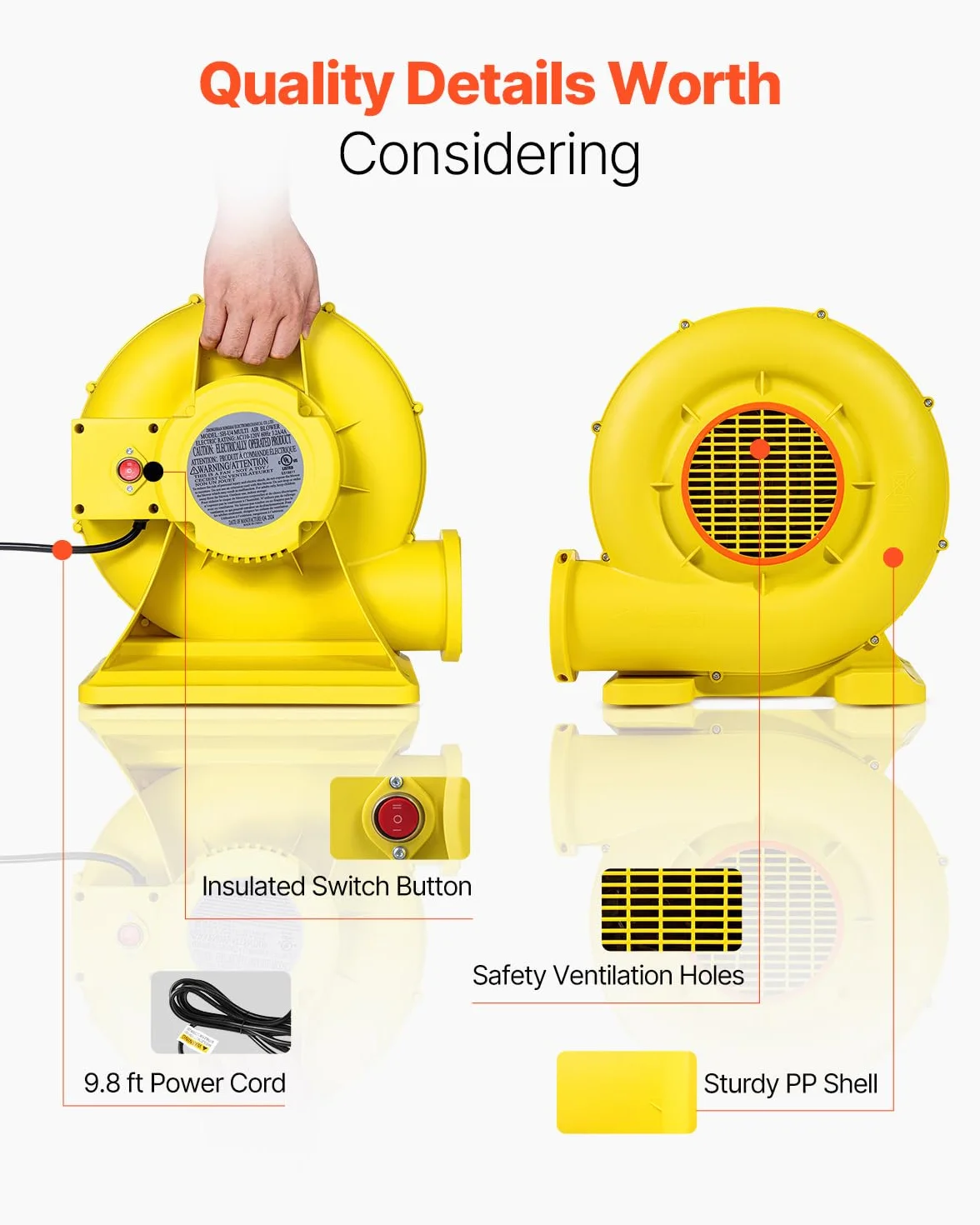 VEVOR Soplador de Aire para Castillos Inflables, 590 W y 690 W, 1,0 HP, Bomba Comercial, Ventilador Eléctrico 2750 RPM, Castillos Inflables, Toboganes de Agua, Amarillo, 360 x 230 x 370 mm