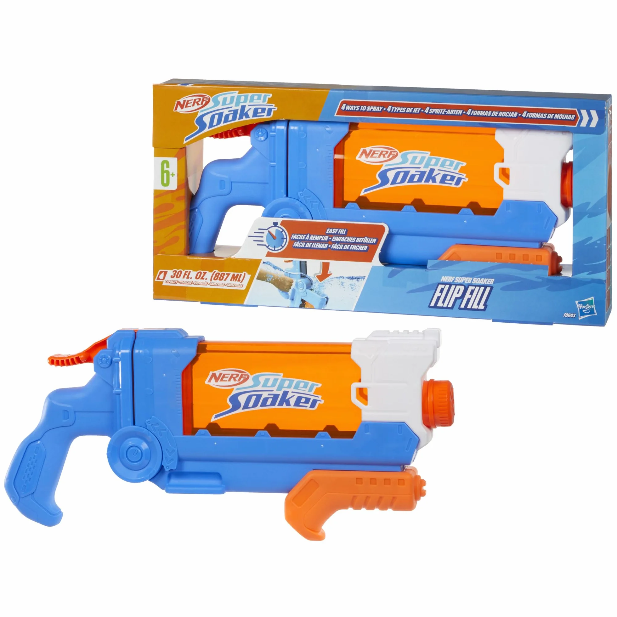 Hasbro Nerf Super Soaker Flip Fill, Lanzador de Agua para Niños y Niñas a Partir de 6 Años, 4 Estilos de Rociado, Llenado Rápido, Tanque de 0,8 L, Juegos de Exterior