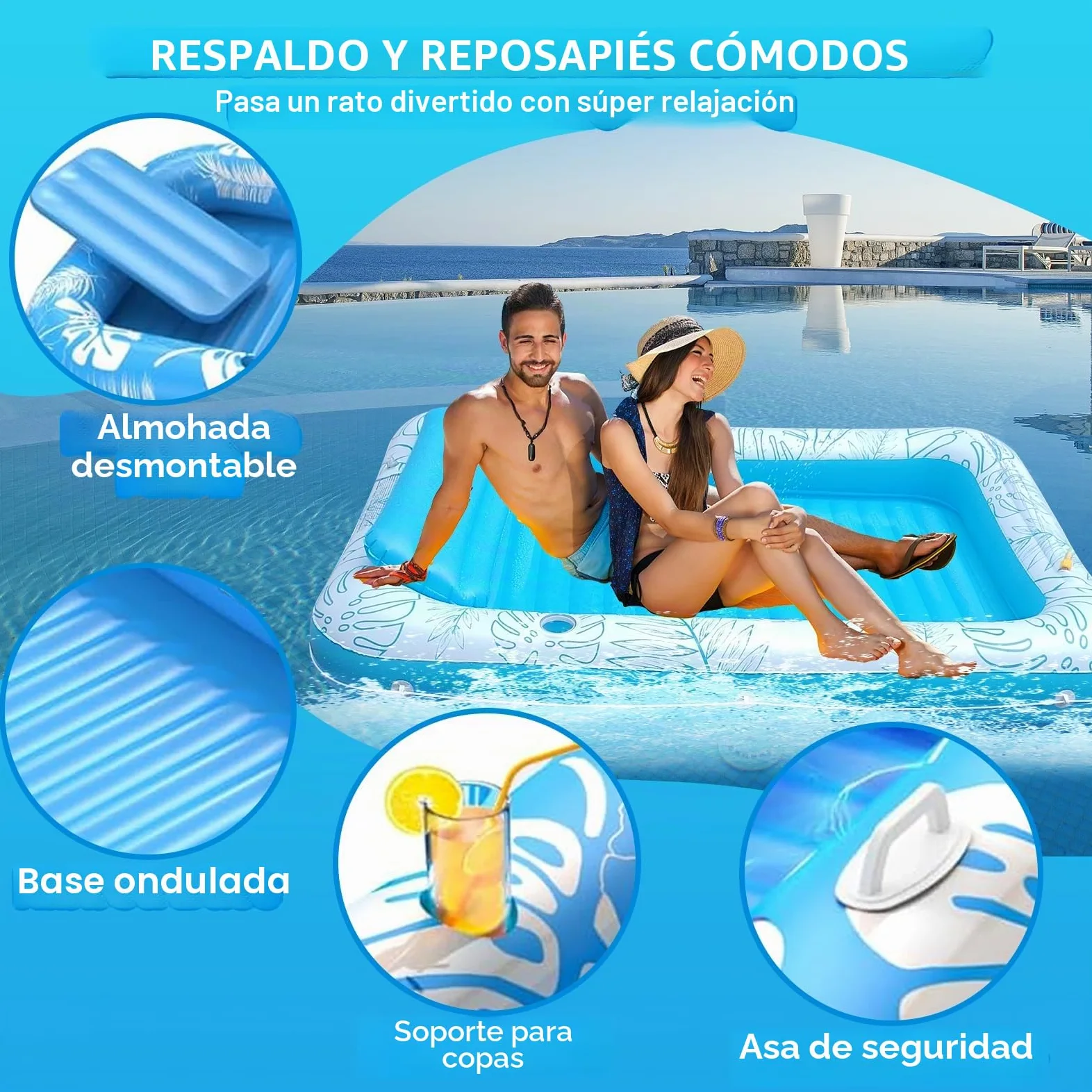 Flotador Inflable Extragrande de 85 x 57 Pulgadas para Piscina de Bronceado con aspersor y portavasos, balsa de Piscina para Adultos para Patio Trasero, Playa o Lago, Rosa/Azul, PVC Duradero, soporta