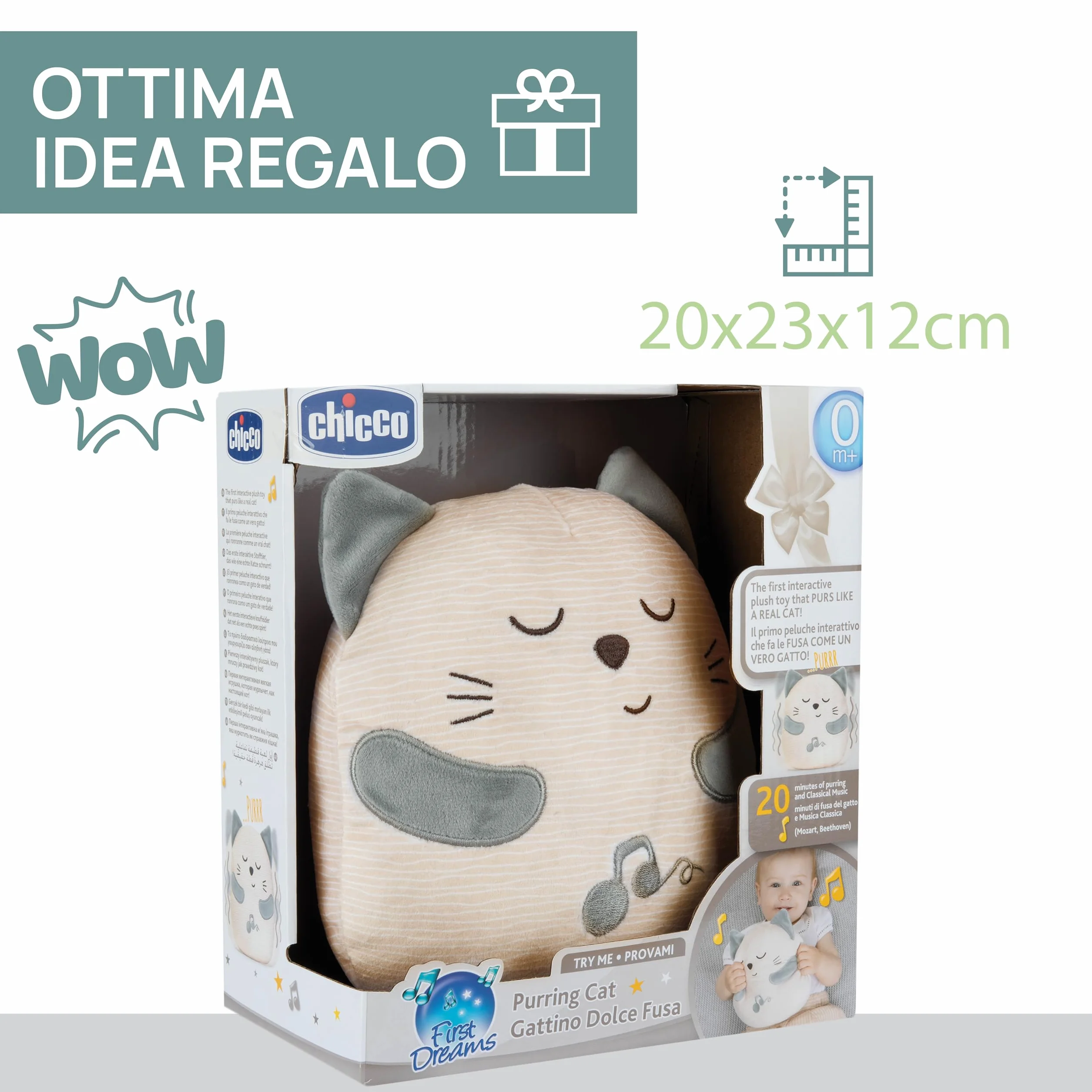 Chicco, Gatito Ronroneador, Peluche Electrónico Interactivo, Reproduce el Sonido y Las Vibraciones de los Ronroneos del Gato, Música Clásica, Tacto Suave, Lavable en Lavadora, Juguete Bebés +0 Meses