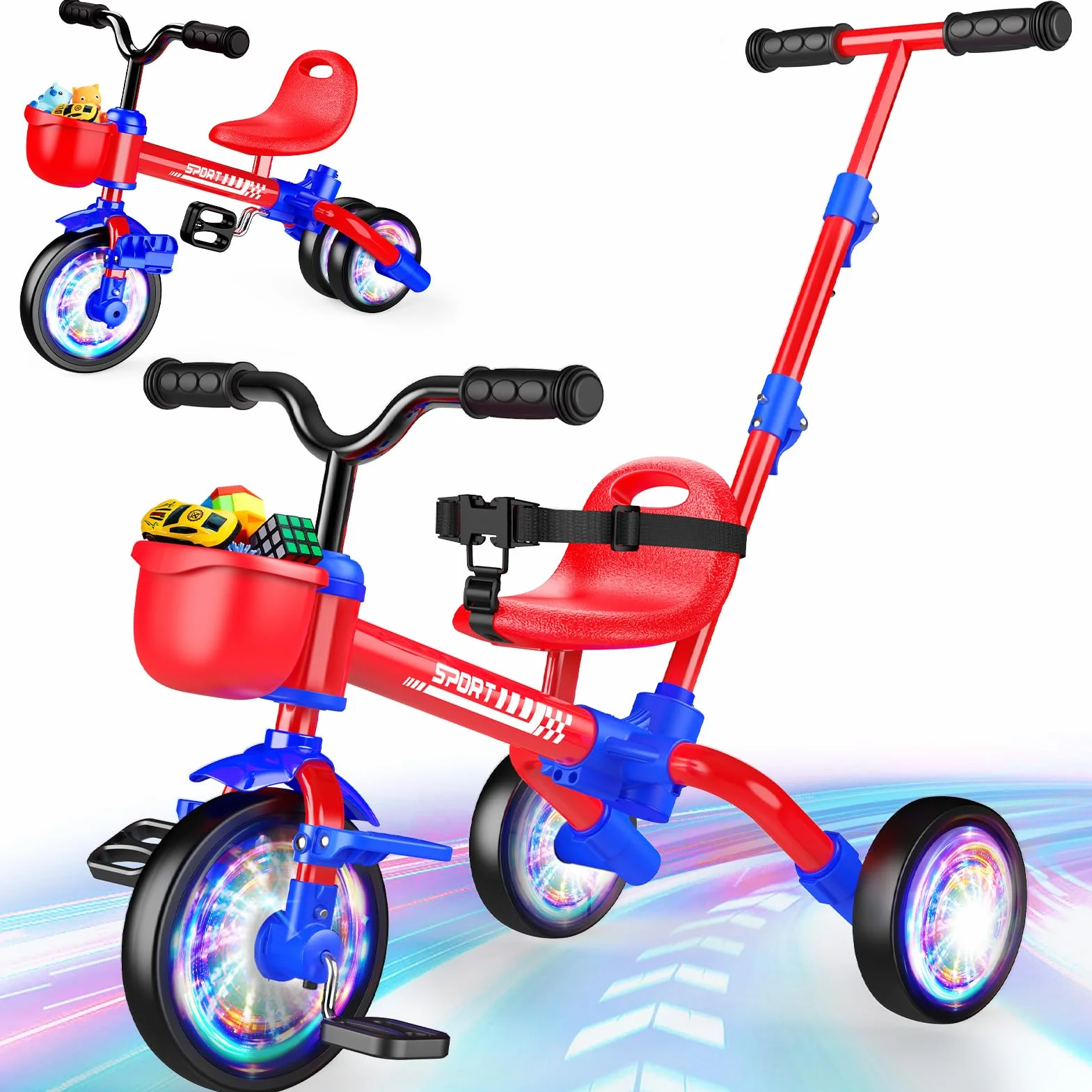 HappyGoLucky Triciclo 5 En 1 Evolutivo Bebe, Bici Bicicleta Niñas 1-3 Años-Ruedas Luminosas/Asa Parental/Asientos&Pedales Regulables