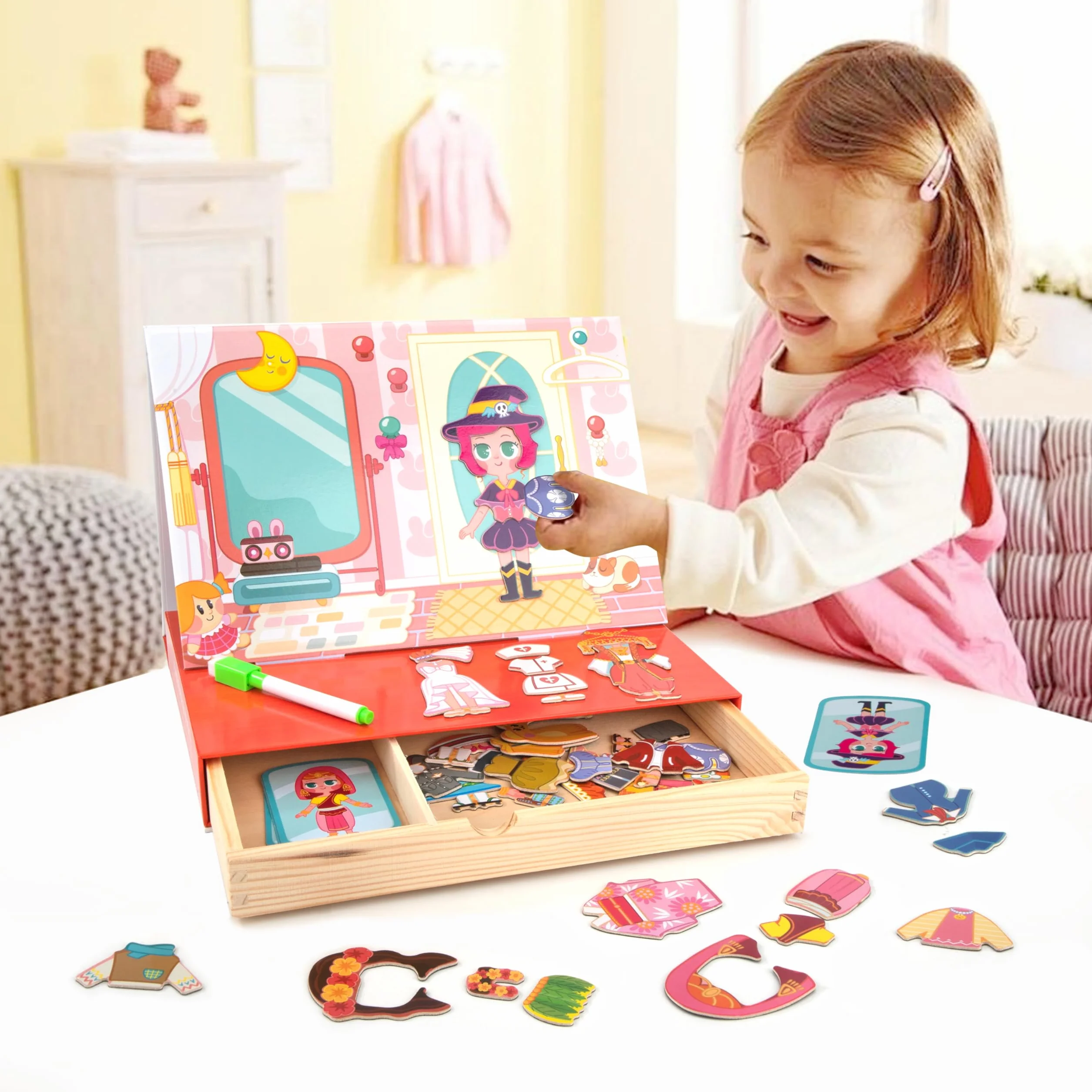 Magneticos Dress Up Juegos con Caja Madera para Niños 3+ Años, Puzzle Book Niñas, Juguetes Vestir Educativo Aprendizaje Motricidad Fina e Imaginación