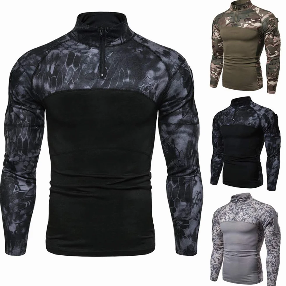Camisa táctica de manga larga con cremallera 1/4 para hombre, estilo militar, camisa de combate con bolsillos, airsoft, caza, camping