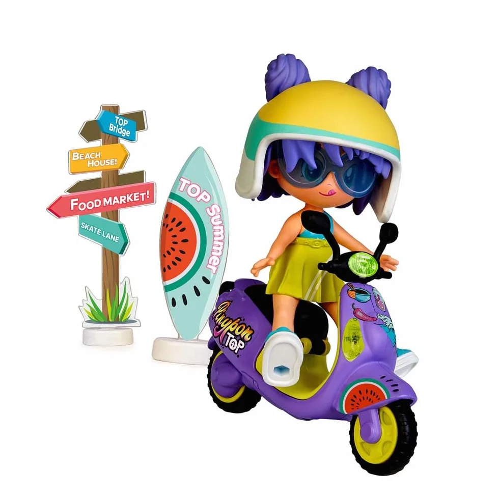 Pinypon Top Moto Girl, Figura Articulada de Brazos y Piernas, Set de Chica Top con su Moto, Incluyen Casco y Gafas, Ropa y Zapatos Intercambiables, Doble Cara y Decoración, +4 años, Famosa (PNN03000)