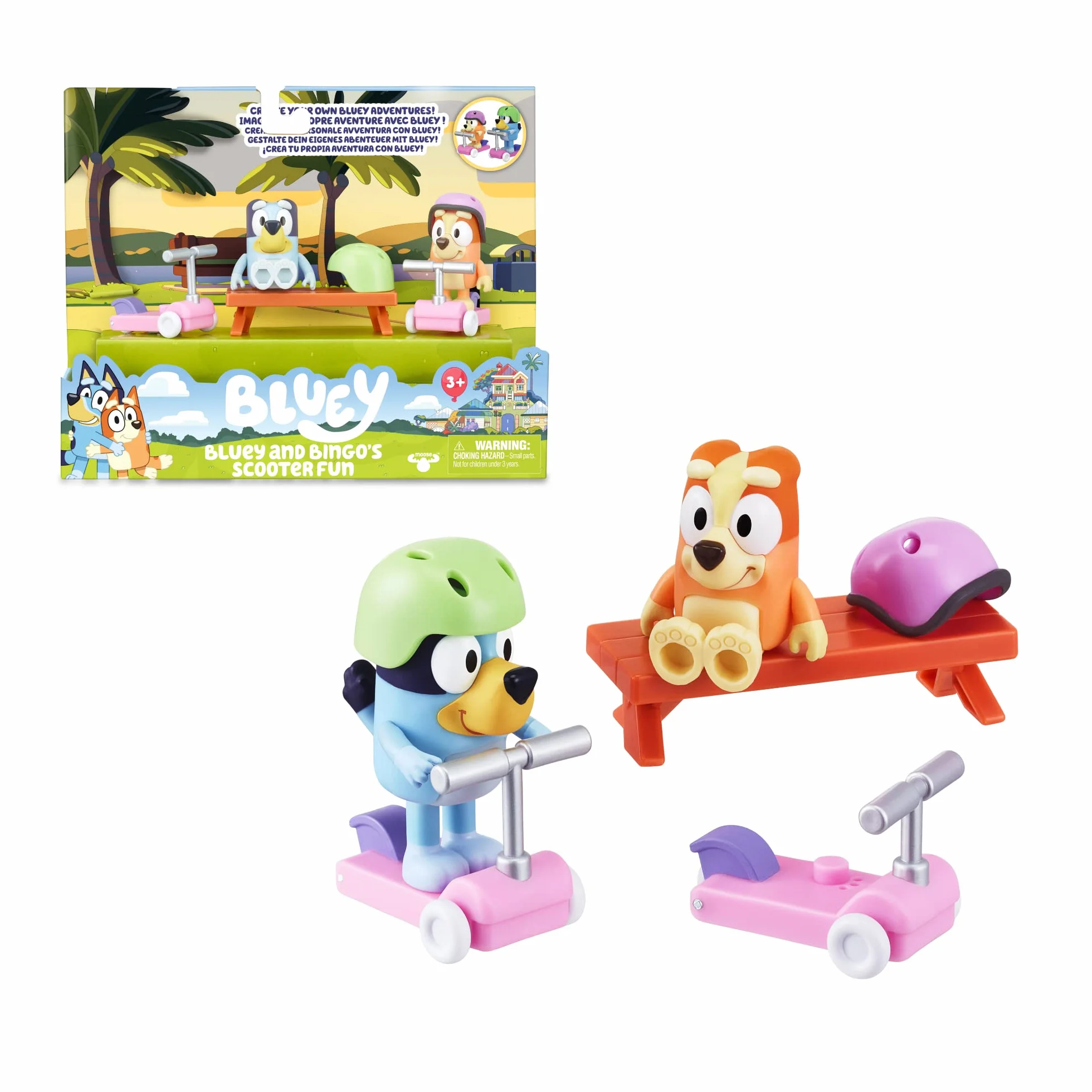 Bluey - Vehículos Scooters, con 2 Figuras de los protagonistas de la Serie, Bingo la Hermana de Blue, y de Accesorios 2 patinetes Scooter con Ruedas y 2 Cascos, +3 años de Edad, Famosa (BLY12100)