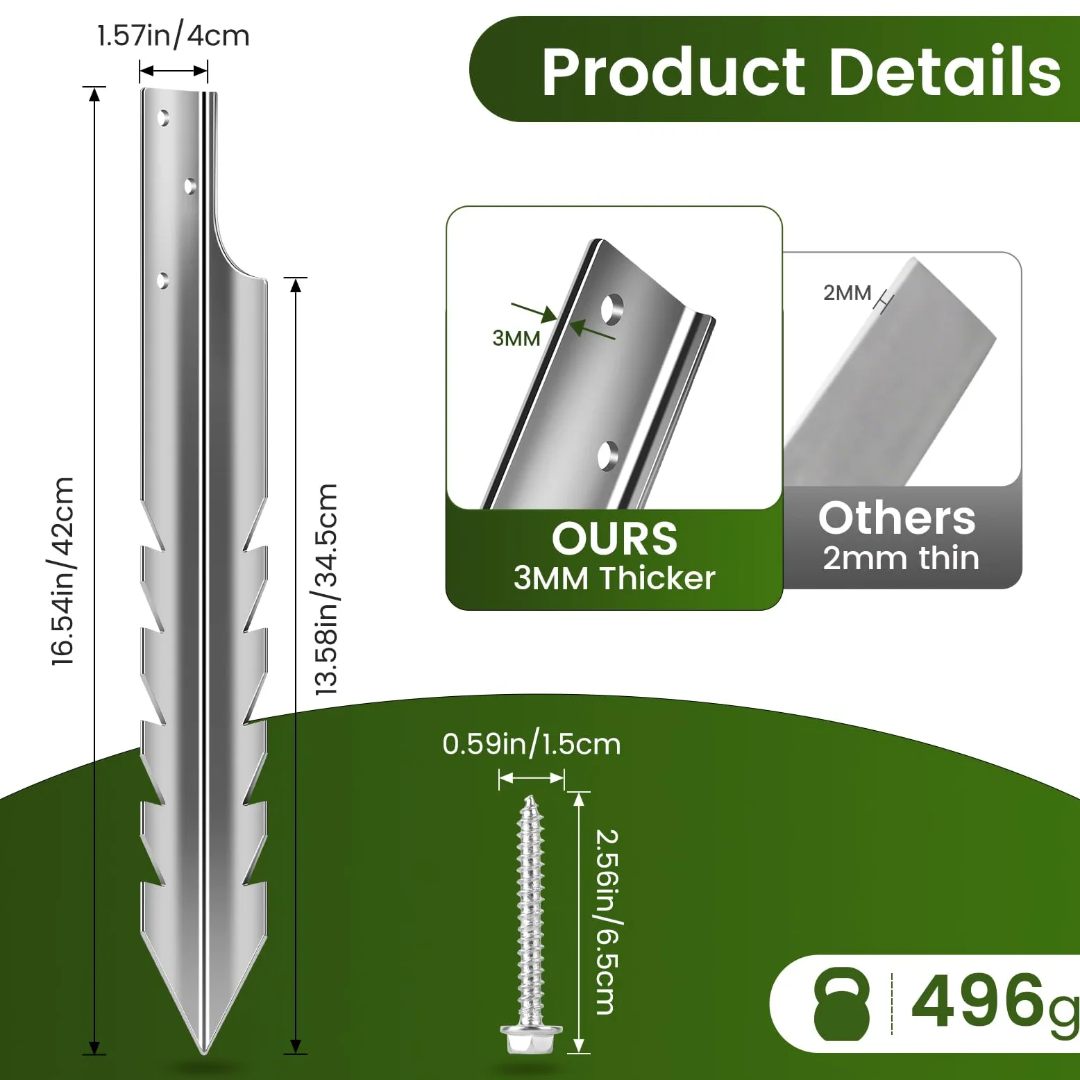 Anclajes al Suelo para Columpios, Plateado-8x42cm | Acero de 3 mm de espesor, galvanizado en caliente de 60 μm, bordes dentados mejorados, resistente al agua y a la corrosión