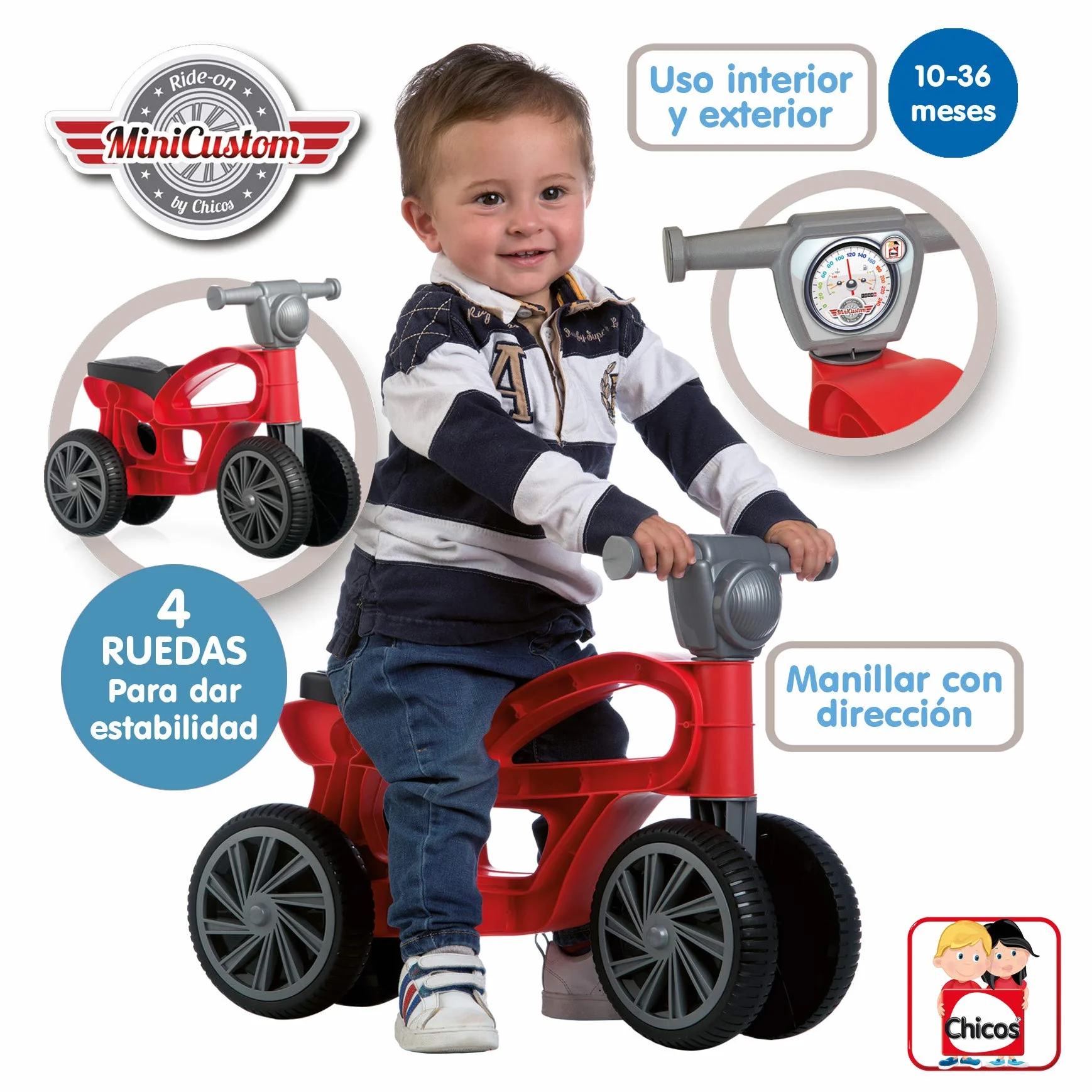 Chicos - Moto Correpasillos Bebe 1 año | Mini Custom Rojo | Moto Infantil 4 Ruedas Estable y Ligera | Juguete Niño Niña a Partir de 10 Meses (36006)