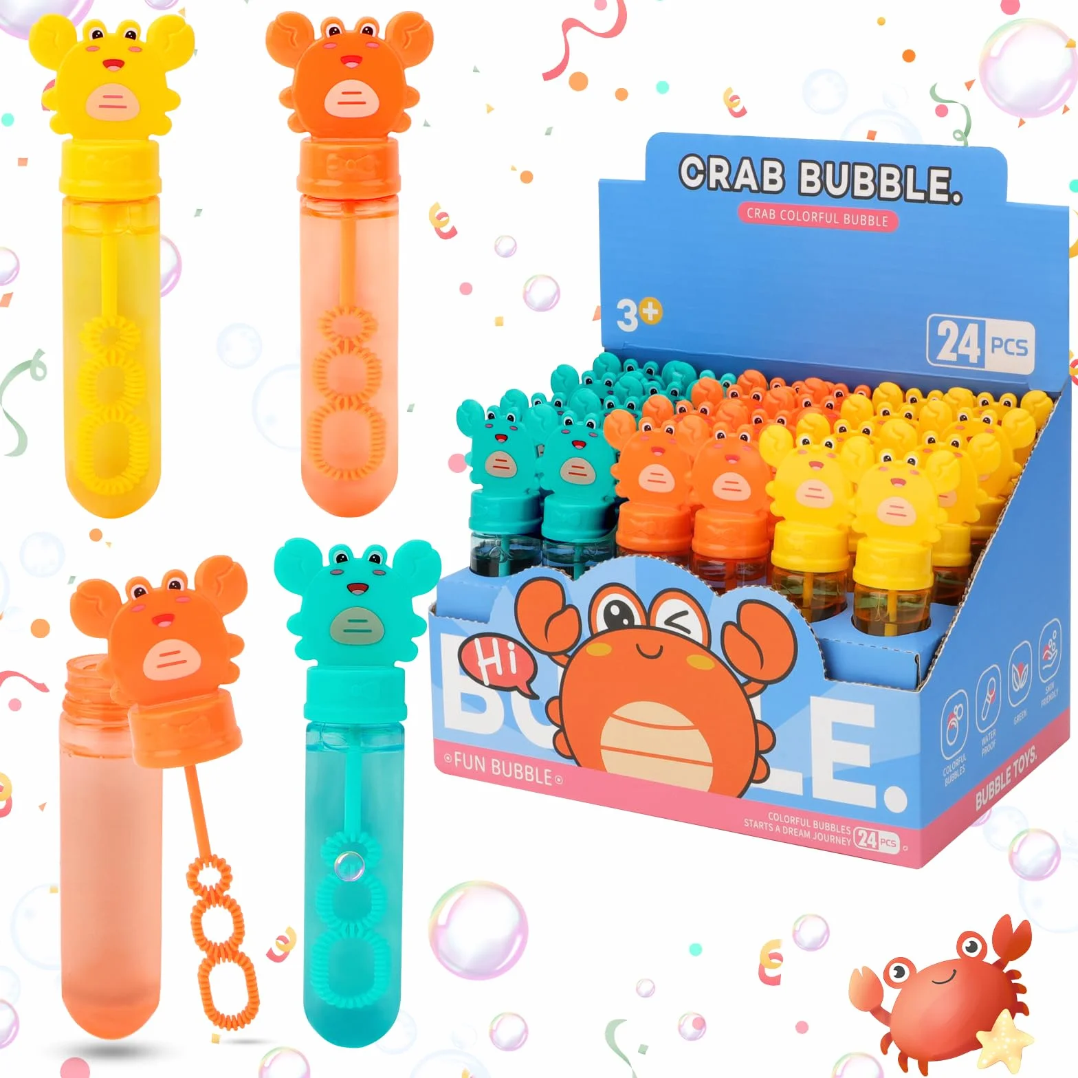deAO 24 Piezas Pomperos de Jabón, Pomperos para Niños, Burbujas Niños, 3 Colores Varitas, Tubos para Crear Burbujas de Jabon, 35ML Cangrejos Mini Burbujas Niños Cumpleaños Set (Cangrejos)