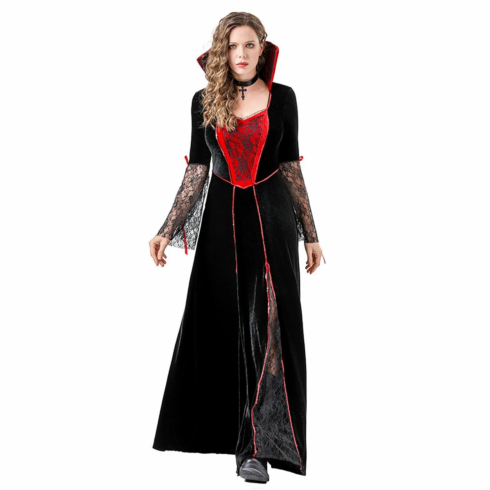 Disfraz medieval para mujer, bruja, cuello de pico, manga larga, vestido maxi para Halloween, cremallera, escenario, disfraz, pirata, renacimiento, Halloween, cosplay, carnaval, disfraz, rockabilly