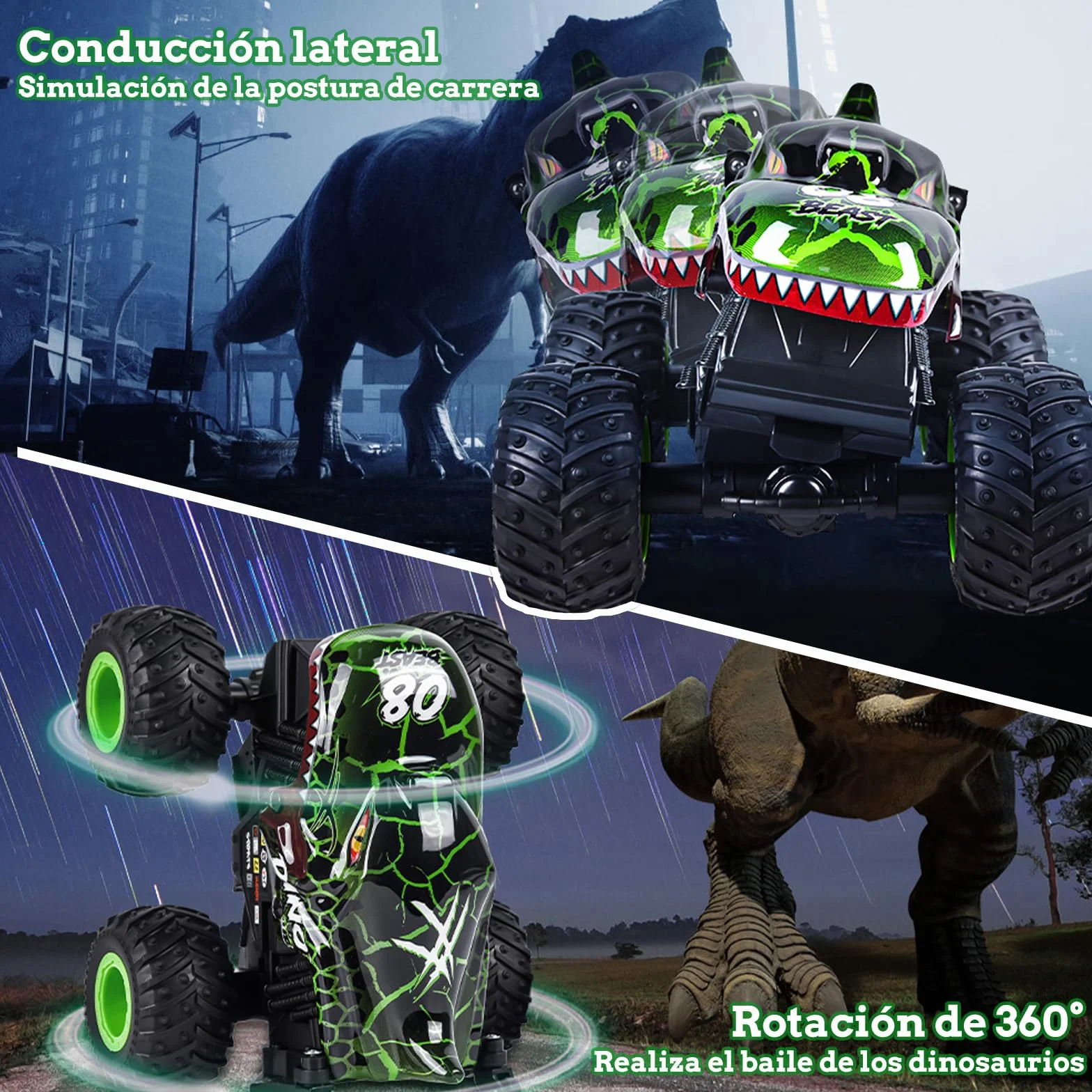 IEEILULU Coche teledirigido dinosaurio, todo terreno RC Cars con rotación de 360°, luz LED, RC Monster truck recargable, juguete de dinosaurio, regalo para niños a partir de 3, 4, 5, 6, 8, 10 años