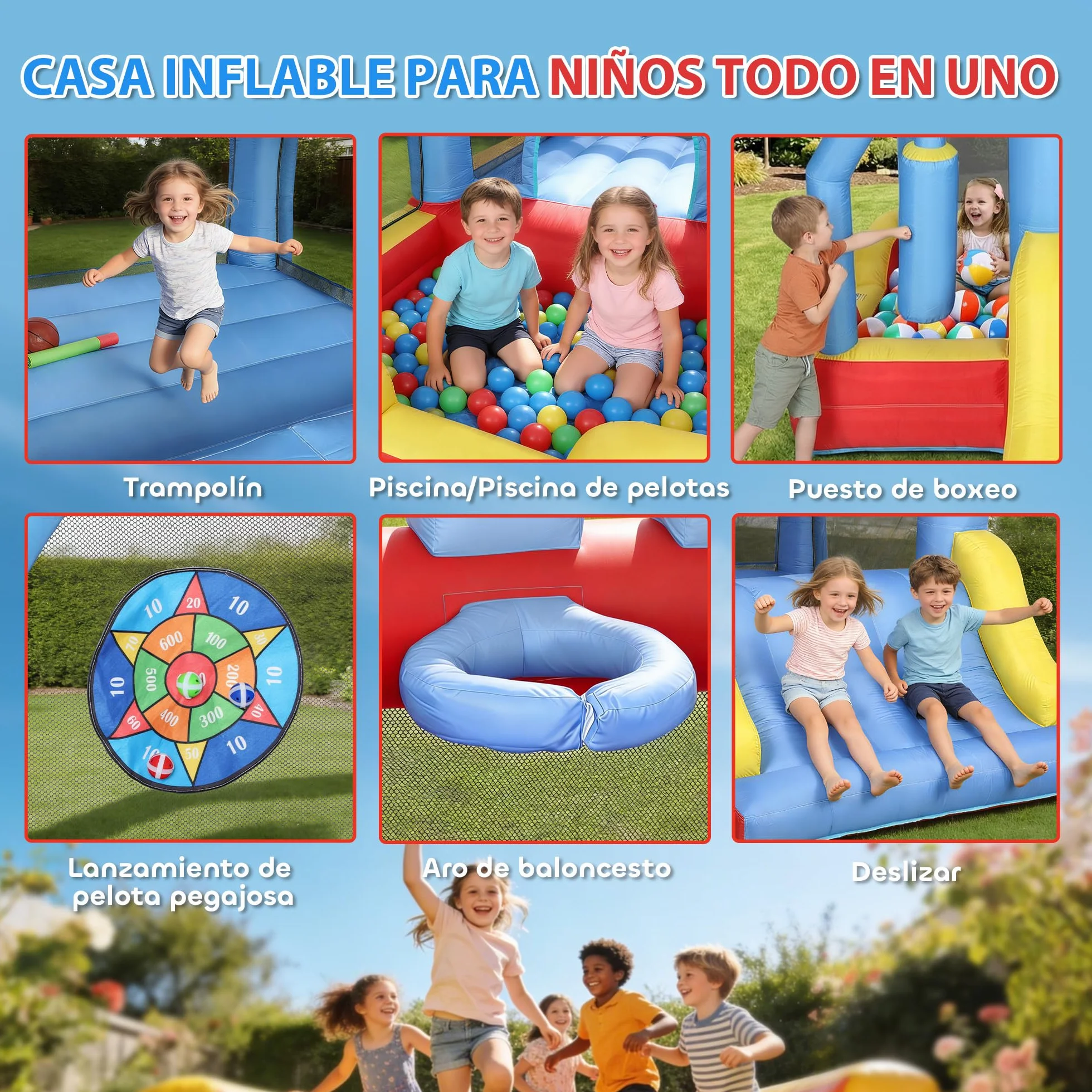 AIYAPLAY Castillo Hinchable para Niños con Soplador, Castillo Hinchable con Tobogán, Zona de Salto, Piscina, Pilar de Boxeo y Aro de Baloncesto, para Niños 3-8 Años, Interior, Exterior, 277x270x215 cm