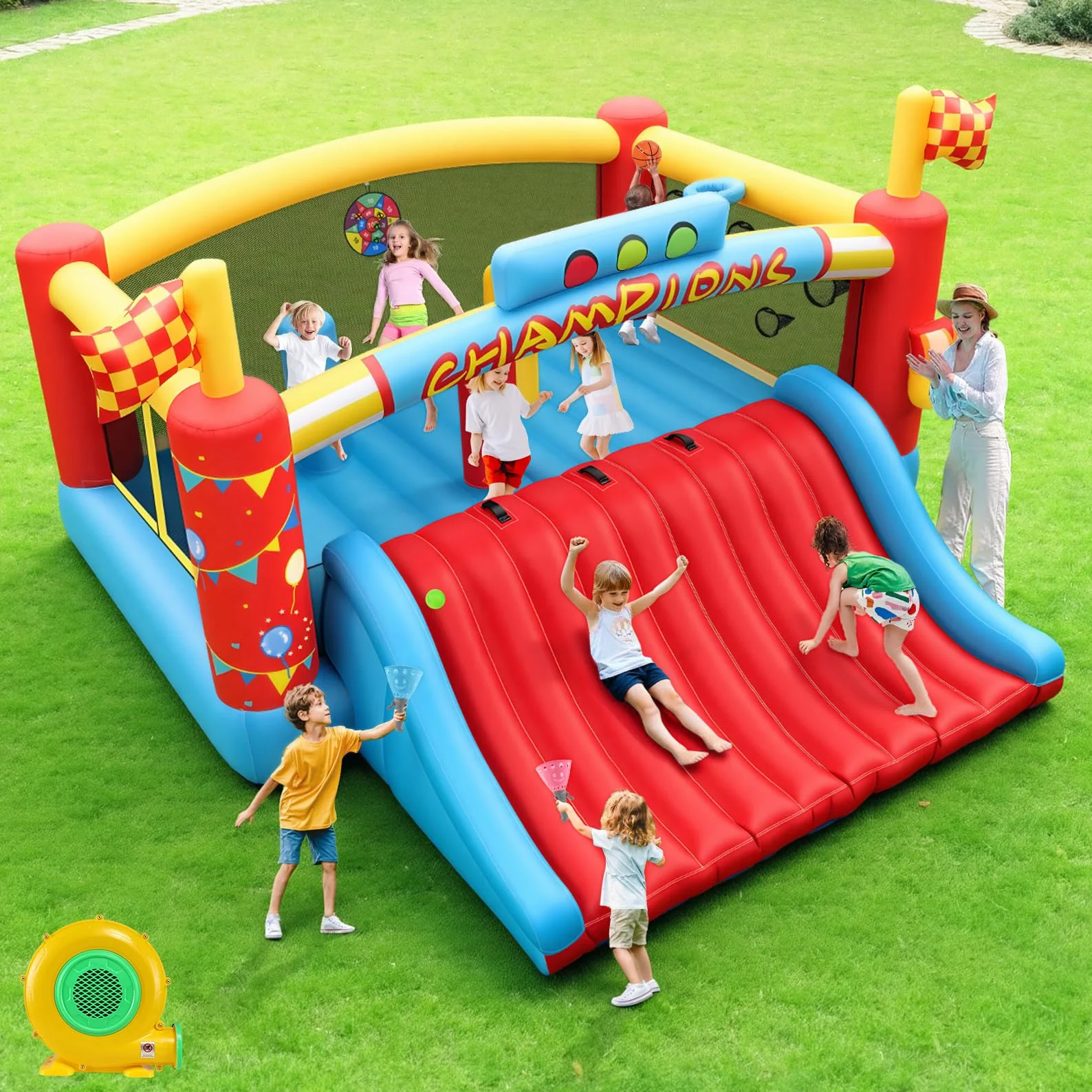 AKEYDIY Gran Casa de Rebote Inflable para Niños Grandes, Casa Hinchable con Tobogán Extra Ancho/Temas de Carreras de Escalada para Centro de Juego - Obstáculos de Patio Trasero, Castillo Hinchable