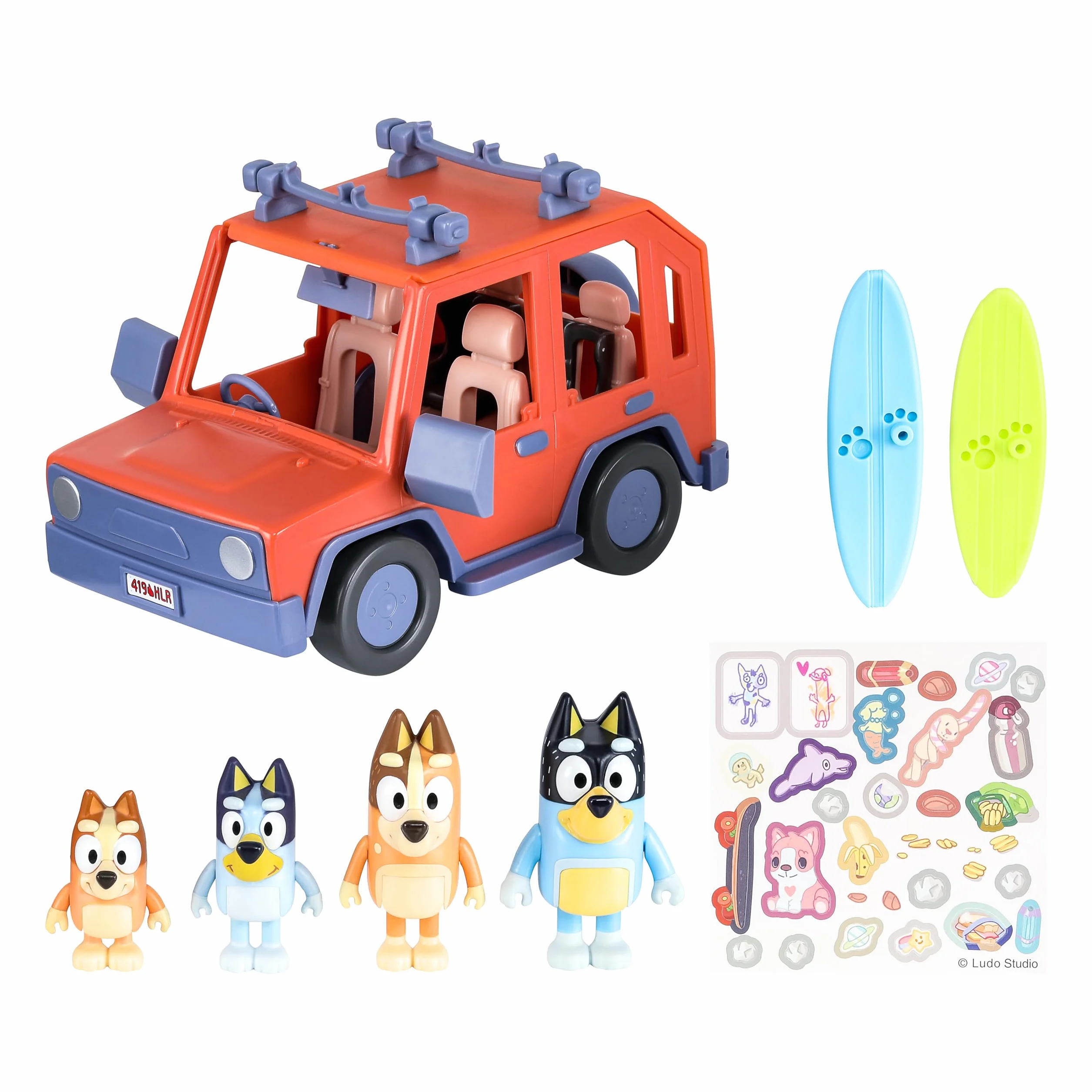 Bluey Pack del Todoterreno Familiar de los Heeler y 4 Figuras, Figuras de 6,3 cm, 2 Tablas de Surf y Pegatinas