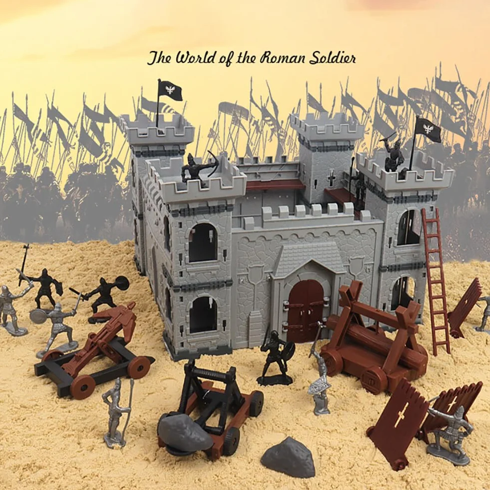 Asudaro Modelo de juguete de caballero romano antiguo DIY modelo de juguete medieval en miniatura incluyendo castillo carro soldado figura medieval caballero plástico figura de acción castillo playset