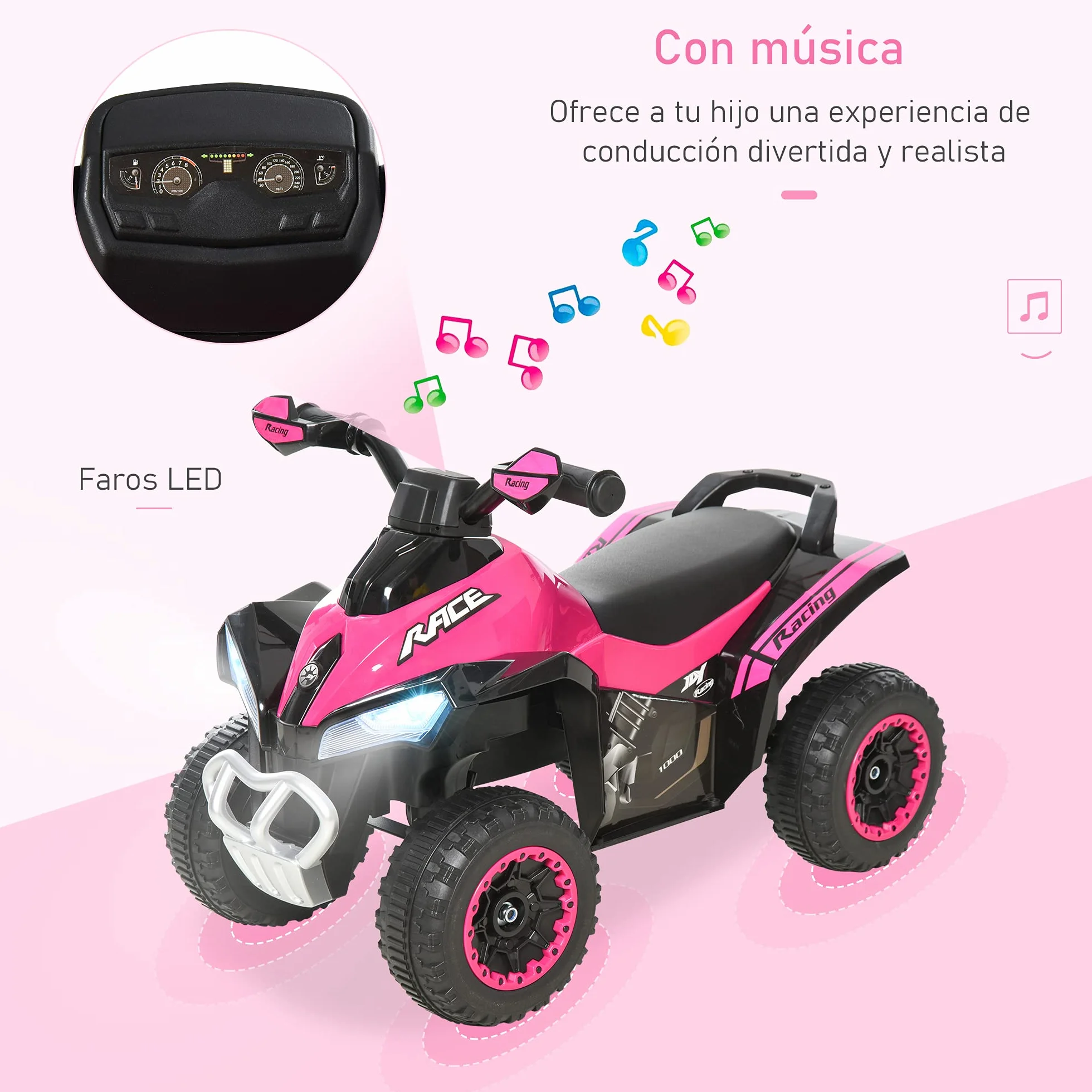 HOMCOM Quad Correpasillos Coche Correpasillos para Niños de 18-36 Meses con Función de Luces y Música Soporta hasta 20 kg 67,5x38x44 cm Rosa