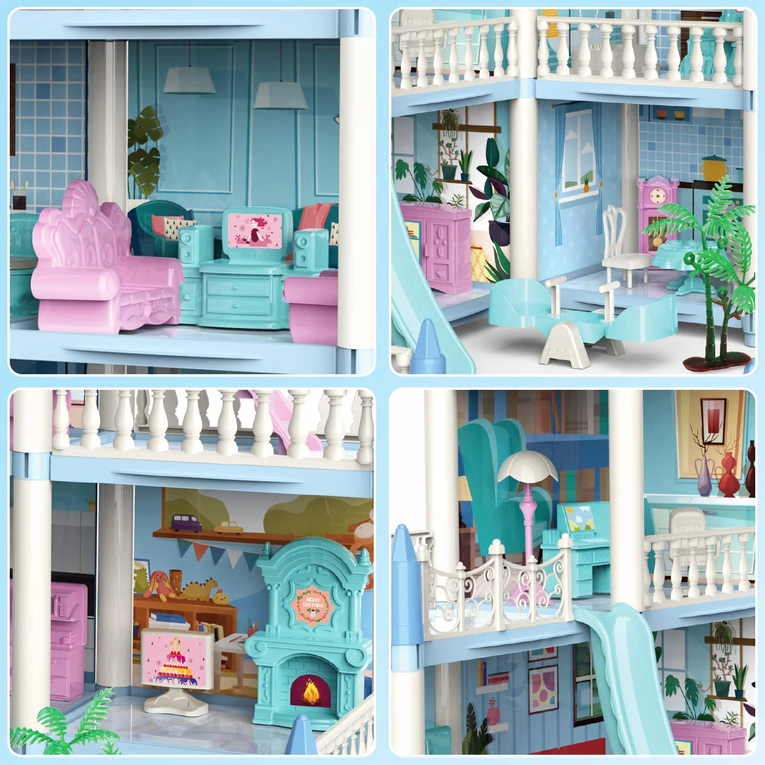 deAO Casa de Muñecas Villa para Niñas, 3 Pisos Casa de Muñecas de Ensueño con Muebles y Toboganes, Escaleras, Vallas, Perro Muñeco, Princess Castle Playset, Regalo para Niñas de 6+ Años (Azul)