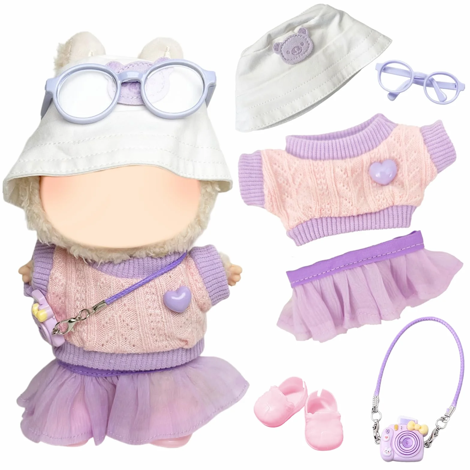6 Piezas de Ropa para muñecas de 17 cm, Camiseta con tutú de corazón, Sombrero, Gafas, Colgante de cámara, 1 par de Zapatos para la Mini muñeca de Peluche de 17 cm, no incluida en el envío, Lila
