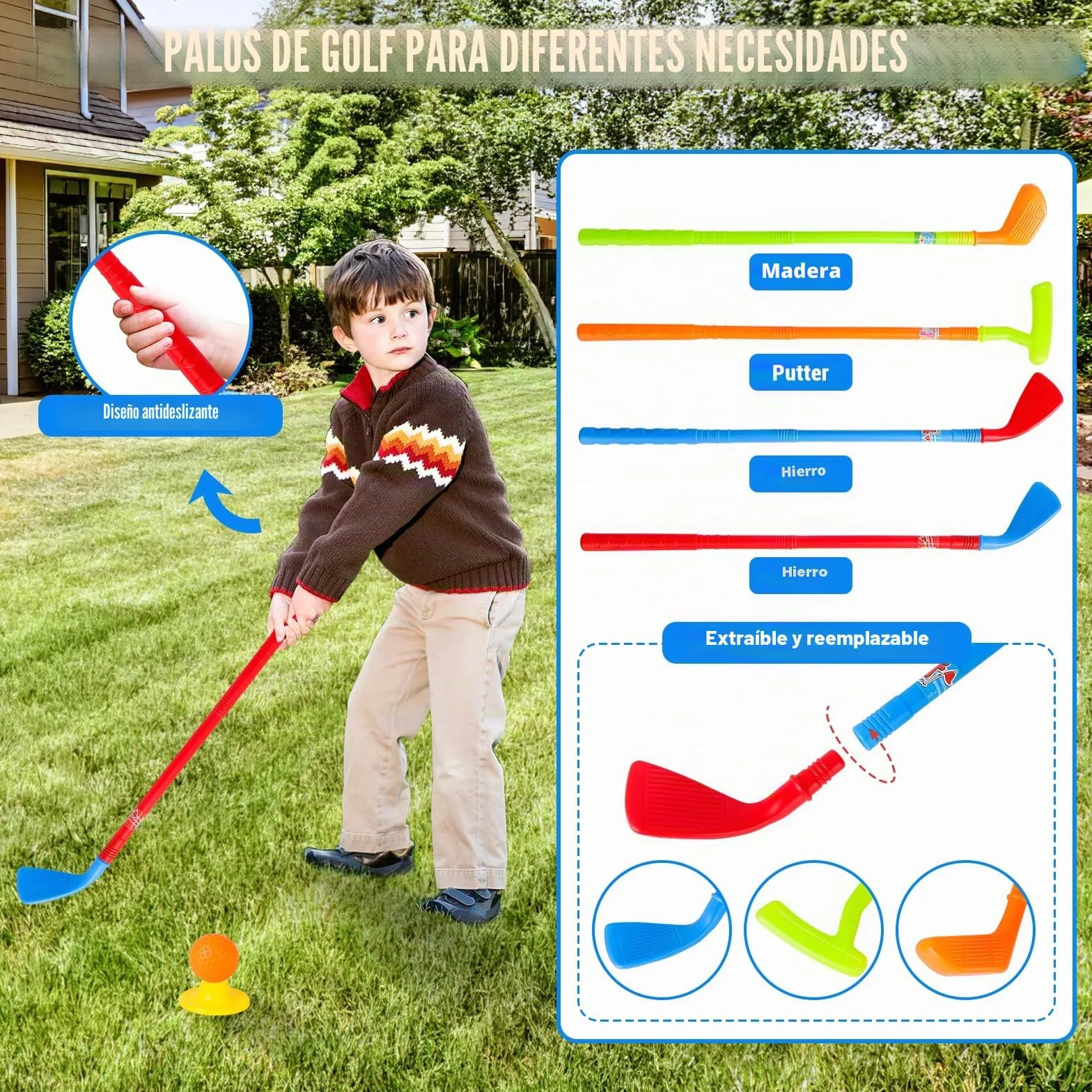 deAO Juego de Golf para Niños con Carrito Almacenamiento, 18 Pcs Golf Set, 4 Palos, 6 Pelotas, 2 Hoyos, Alfombrilla Putting - Juguetes Deportivos Interior Exterior Regalo Niñas Niños 3-6 Años (Azul)