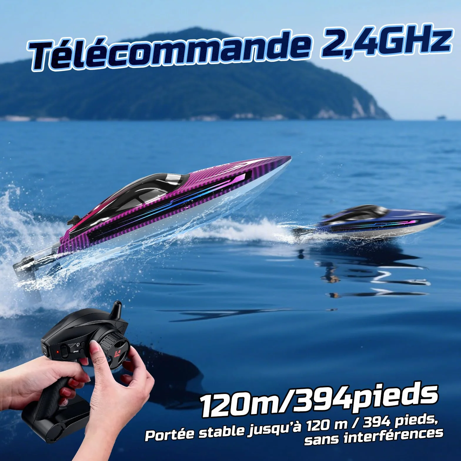 WeFone Barco RC de Alta Velocidad para Niños y Adultos, Más de 15 mph, Lancha Teledirigida con Luces LED, Autoenderezable, Modo Demo, Impermeable, Piscinas y Lagos, 2 Baterías 40 Min, Morado