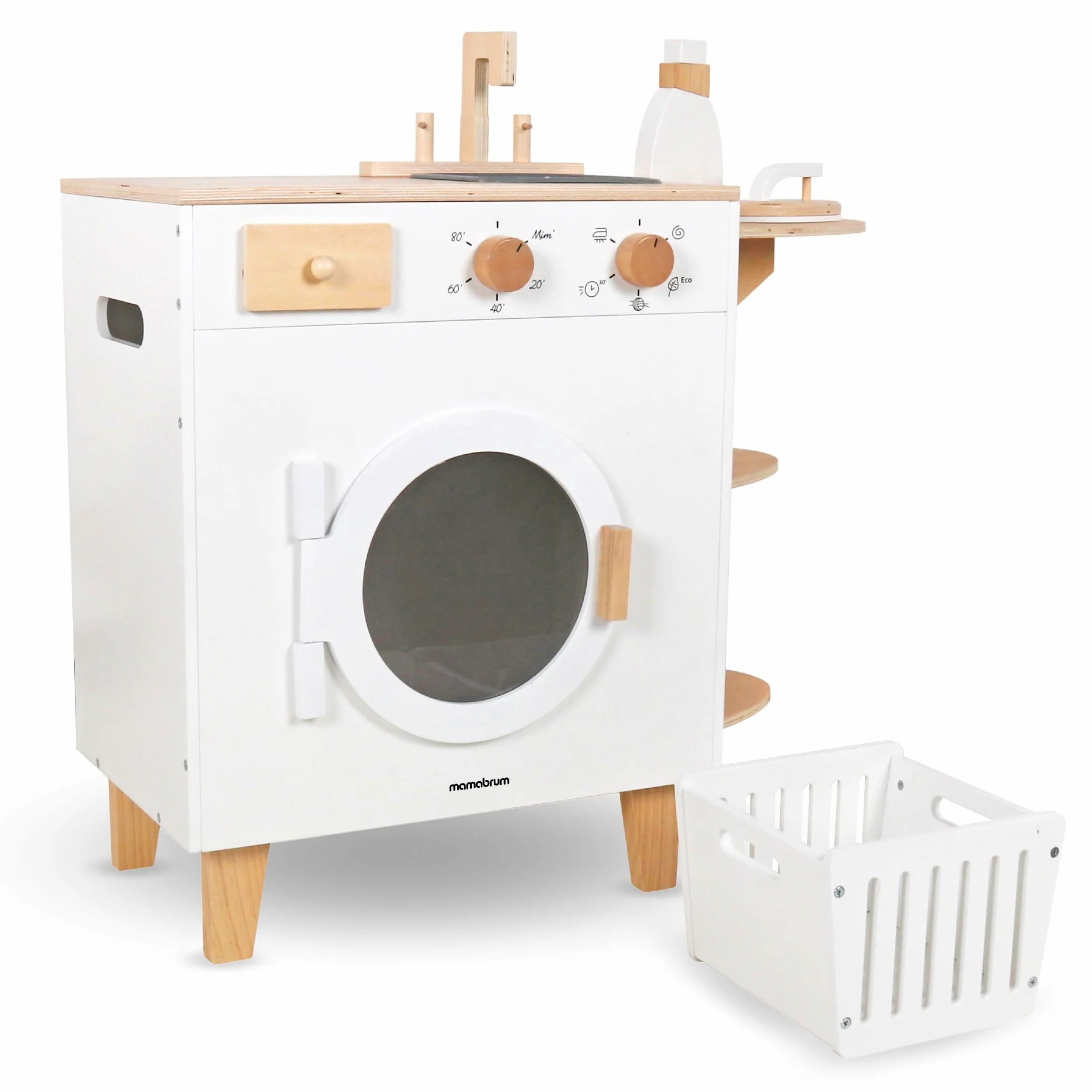 Mamabrum Lavadora Juguete Madera con Tabla Planchar, Cesto y Accesorios - Set Limpieza Juguete para Niños +3 Años - Incluye Escoba y Fregona - 65 x 29,5 x 68 cm