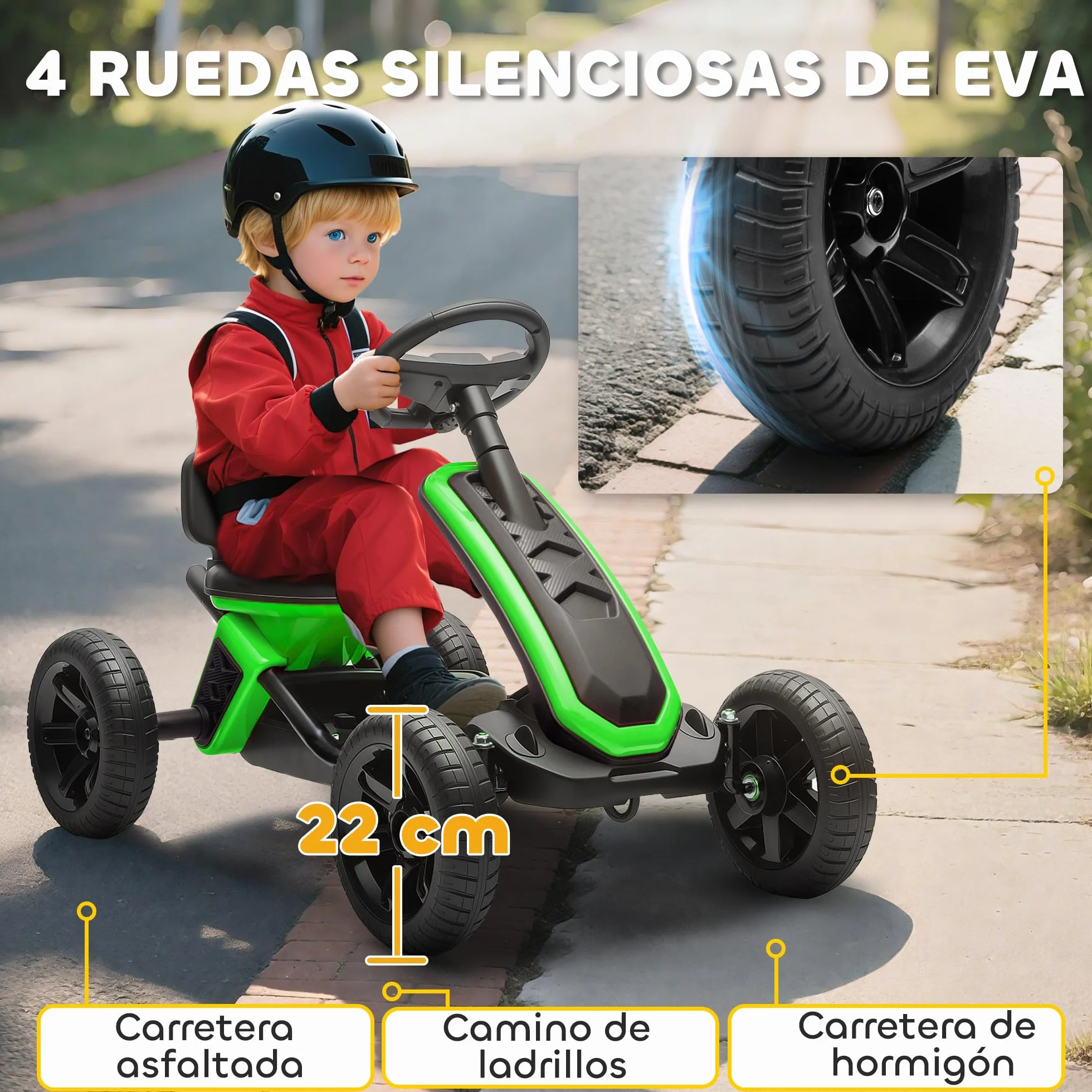AIYAPLAY Kart Pedales, Go Kart con Ruedas Antideslizantes de EVA, Marco Metálico, Carga 30 kg, para Niños y Niñas de 2-5 Años, Verde