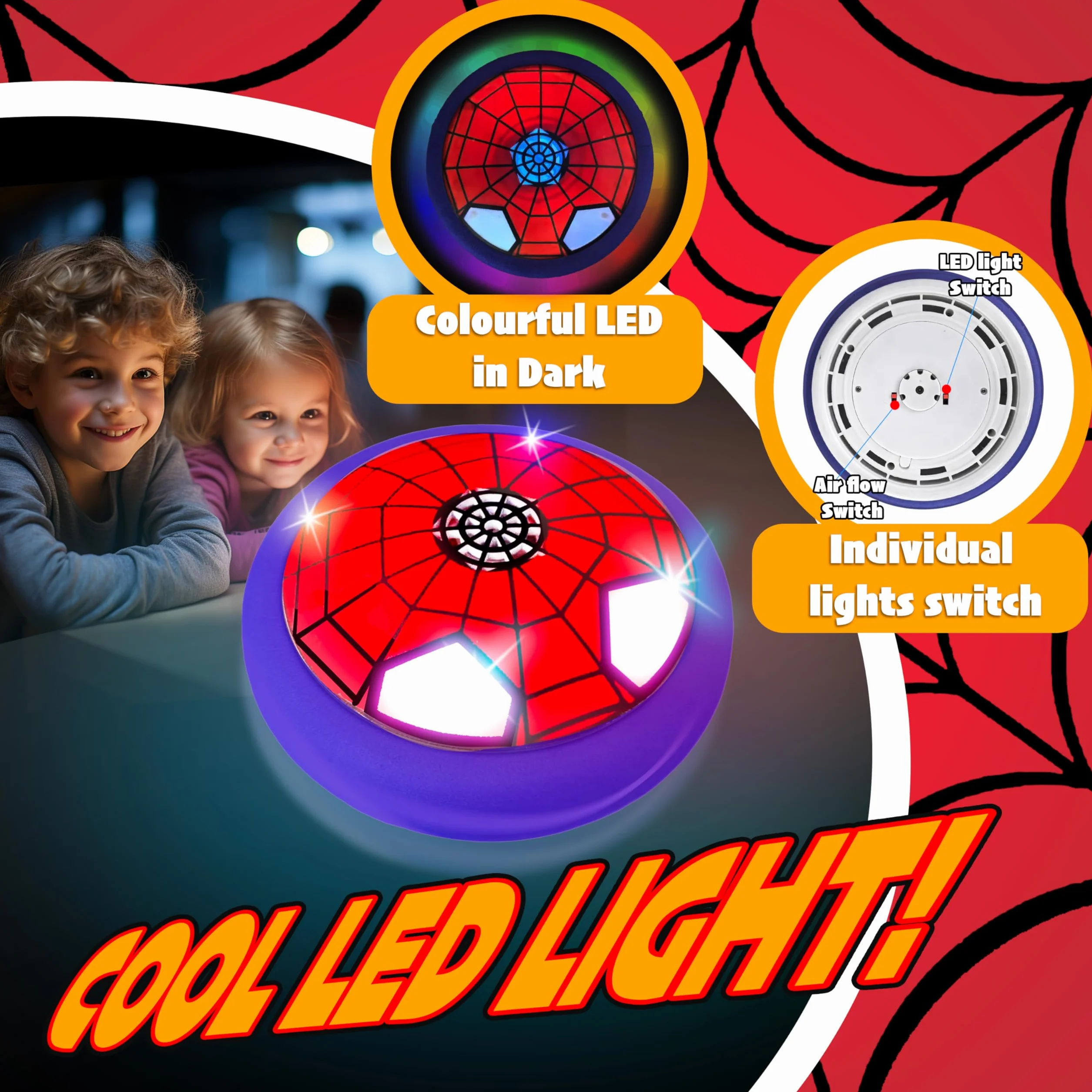 Spider Balón Fútbol Flotant, Air Power Fútbol con Luces LED, Juguetes de Football para Niños 3 4 5 6 Años, Regalo Niño Niña 3-12 Años, Juegos de Exterior e Interior Niño