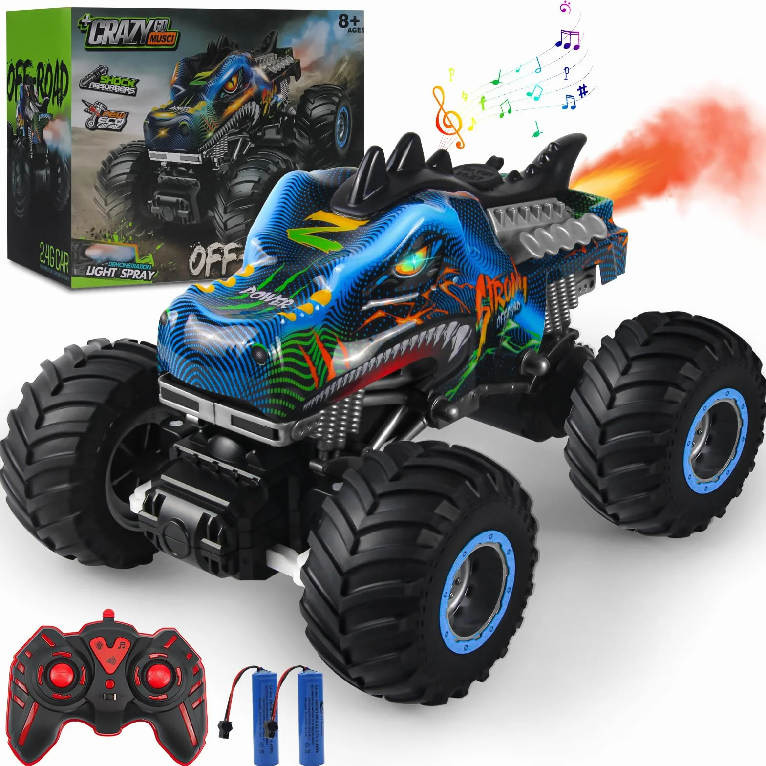 Coche teledirigido 1:16 RC Dinosaurios Monster Truck 2.4GHz 20 Km/h Radiocontrolado Todo Terreno con Niebla rociadora música Luces LED Regalo para niños de 4 5 6 8 años