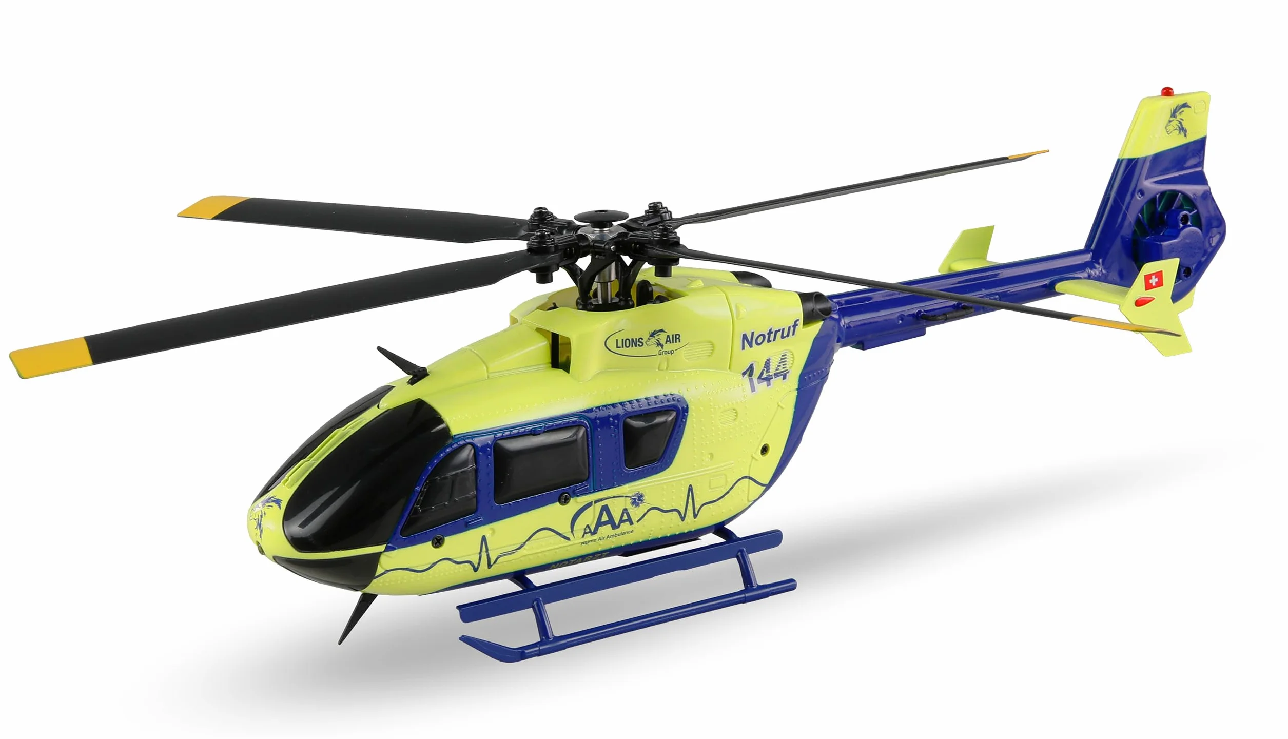 Amewi AFX-135 Alpine Air Ambulance Helicóptero de 4 Canales 6G RTF Amarillo neón Azul