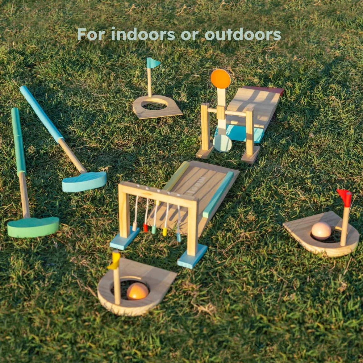 Beeloom – Mini Golf de Madera para Niños, Juego Educativo con Palos, Bolas y Obstáculos, Portátil para Interior y Exterior, Juguete Simbólico Multicolor, +3 Años