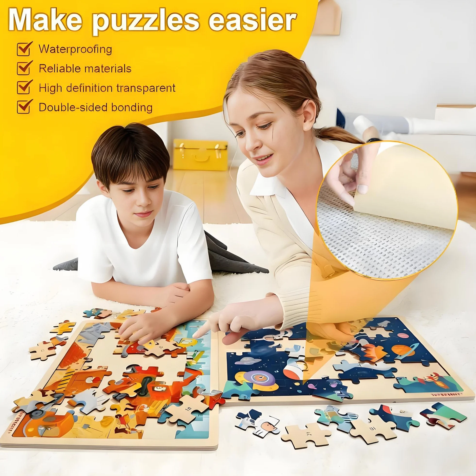 48 Hojas Puzzle Transparente Papel Adhesivo Doble Cara Lámina Autoadhesiva Rompecabezas Asegurar y Proteger Puzzles Fotos y Postales(25 × 18 cm)