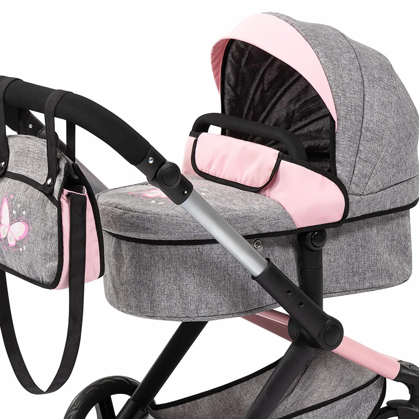 Bayer Design 17033AA Cochecito de muñeca Combi Xeo, Carro para muñecos, Bolsa, Convertible, Regulable en Altura