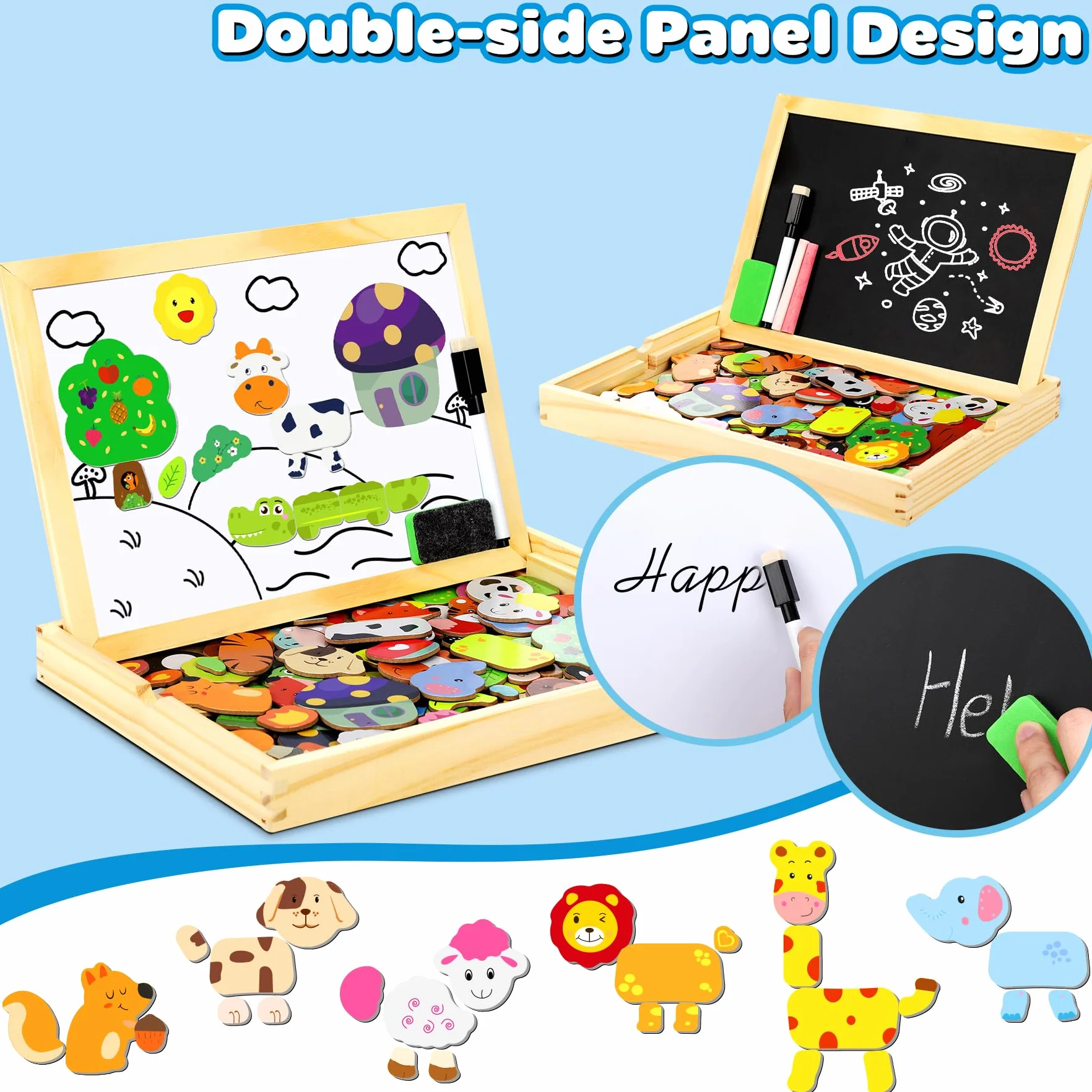 Puzzles de Madera 110 pcs, Juguete Educativo con Pizarra Magnética Doble Cara, Rompecabezas para Niños 3-5 Años Animales Bosque