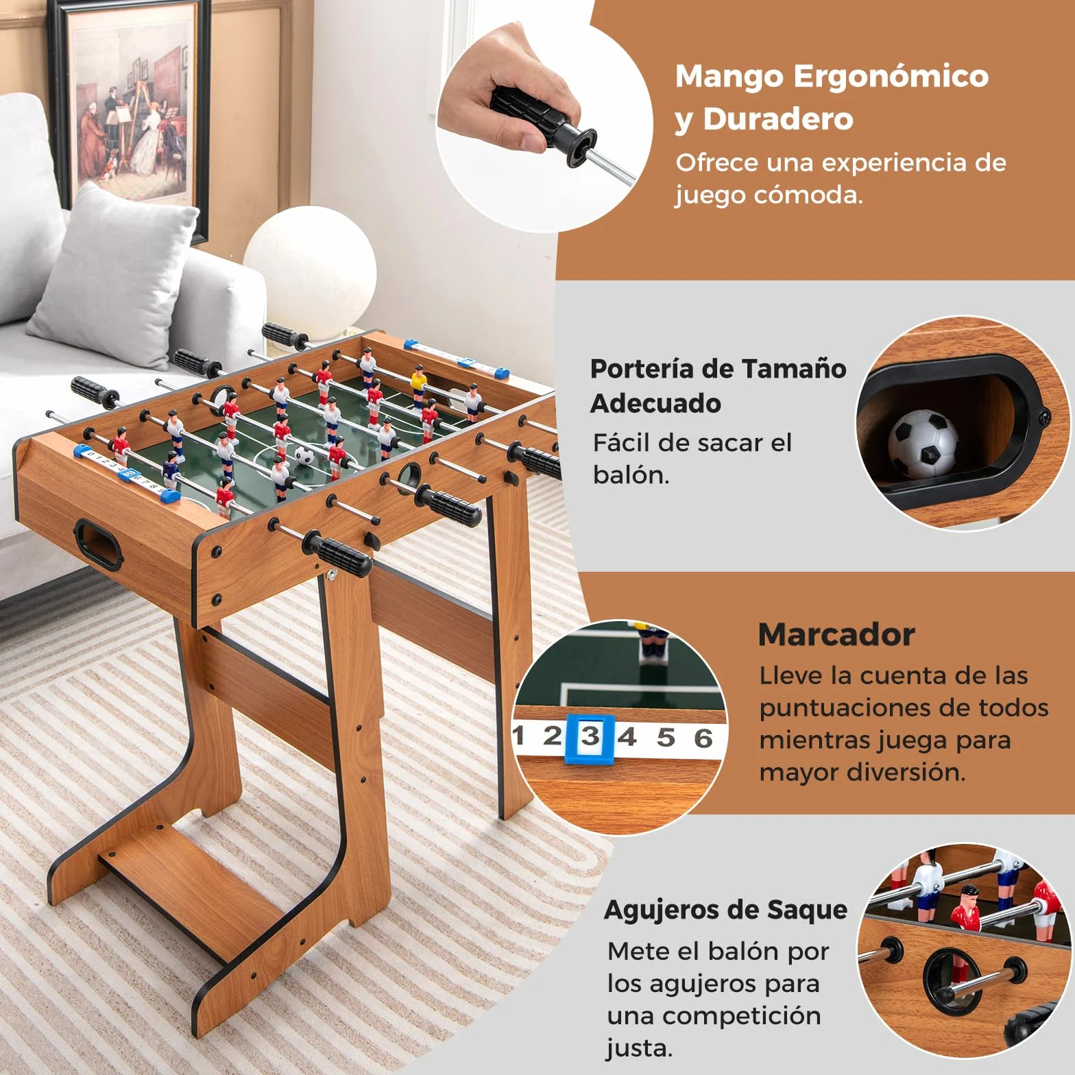 RELAX4LIFE Futbolín Plegable de Madera con Patas, 6 Asas, 18 Jugadores, 2 Balones y 2 Marcadores, Futbolín para Niños y Adultos, Juegos de Mesa para Dormitorio, Bar, Salón, Fiestas, 36x69x71cm