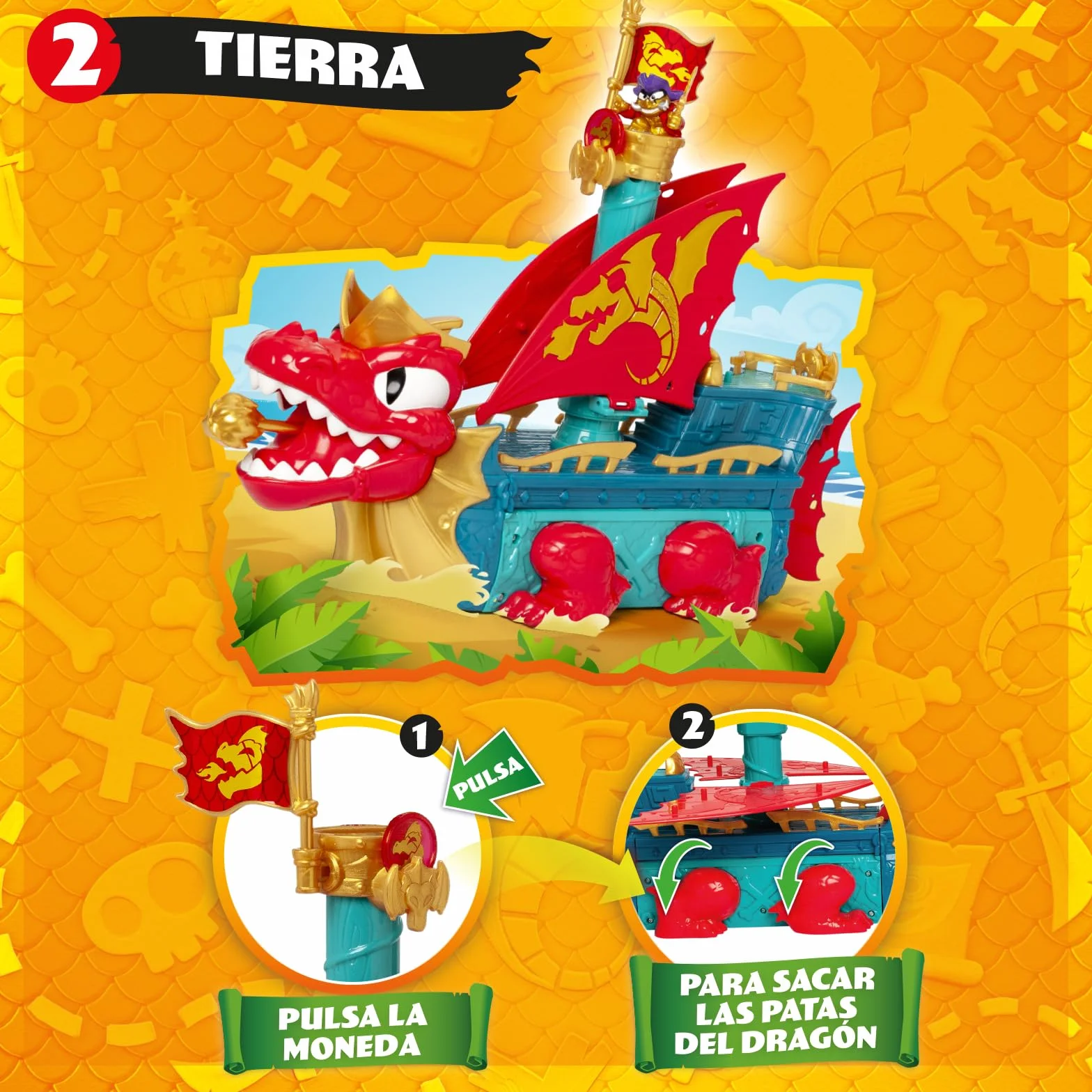 PIRATIX Dragon Ship – Barco Dragón de Piratix Todo Terreno 3 en 1: Tierra, Mar y Aire. Contiene 1 Barco Dragón, 1 Piratix Exclusivo, 1 Tesoro Exclusivo, 1 Bandera y 1 proyectil