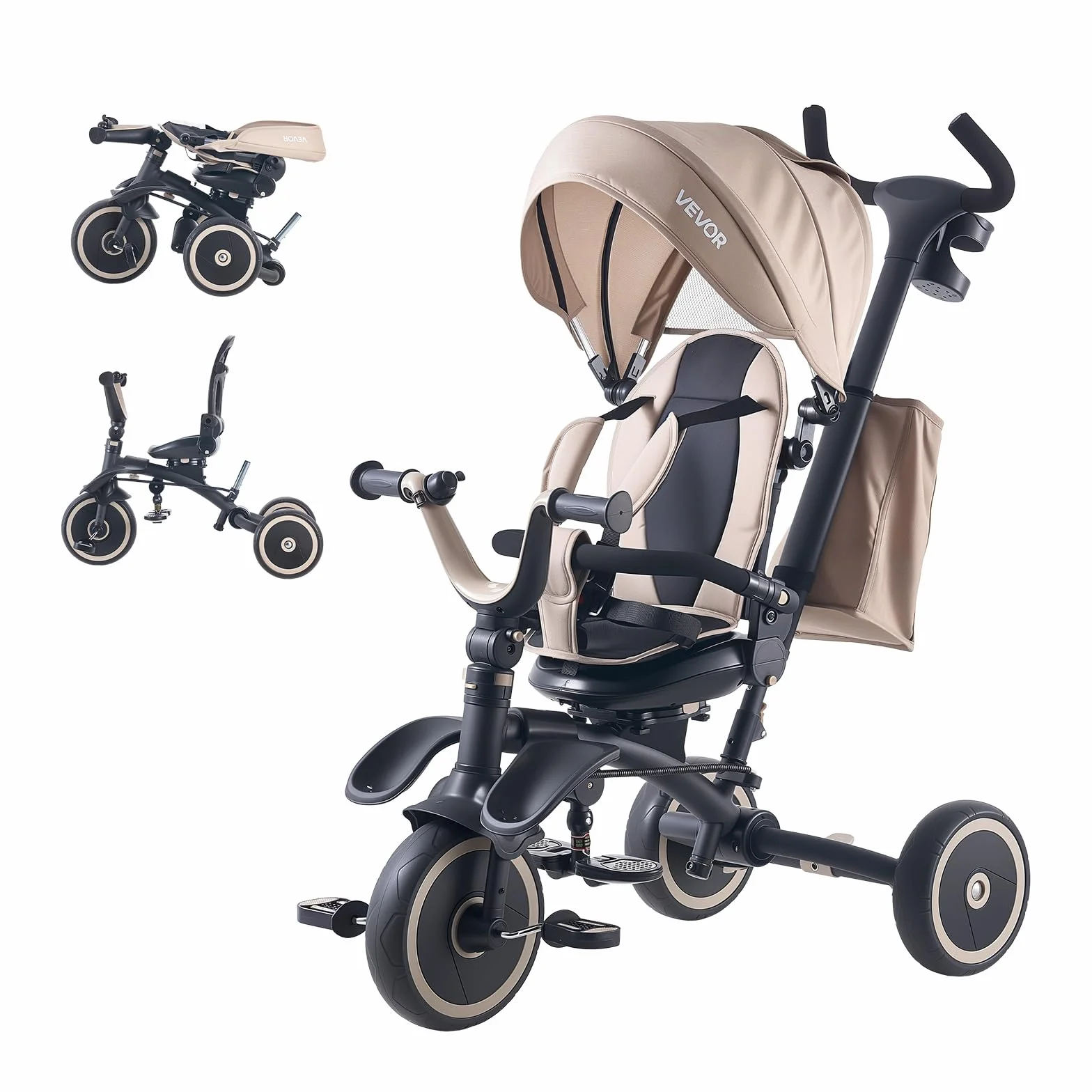 VEVOR Triciclos Plegable para Niños de 1,5 a 5 Años, Triciclo Infantil con Manillar de Empuje, Capota, Asiento Giratorio, Espacio de Almacenamiento, Cuadro de Acero al Carbono, Caqui y Negro