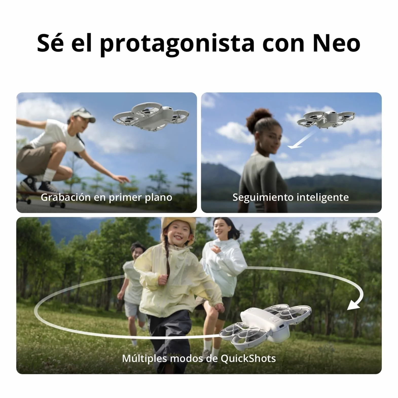DJI Pack Neo Vuela Más, dron mini con cámara 4K UHD para adultos, 135 g dron que vuela siguiéndote,despega desde la mano,seguimiento de objetivos,QuickShots, vídeo estabilizado, con RC-N3 y 3 baterías